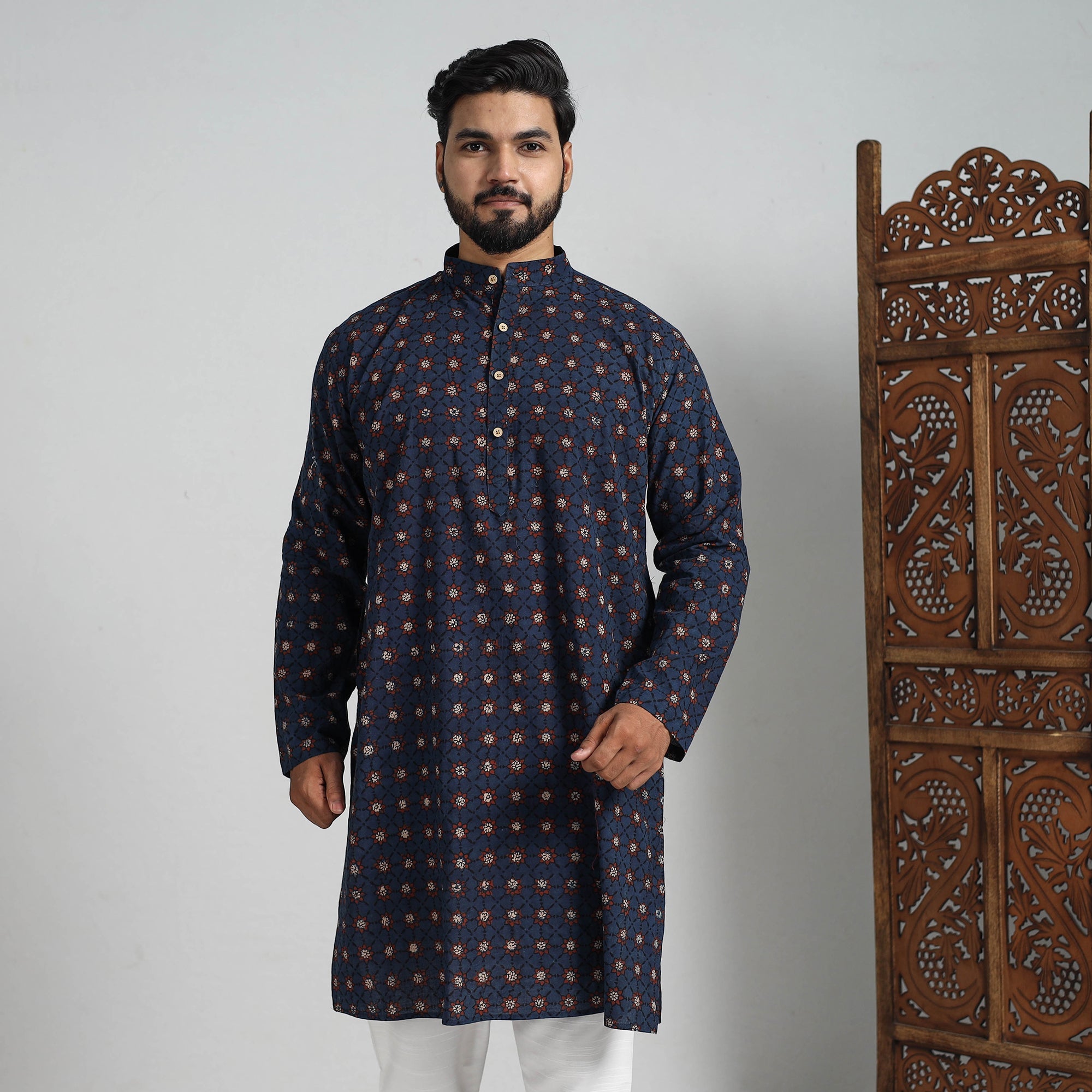 ITOKRI CASUALS Ajrakh Block Printed Cotton Men Long Kurta 12 - view 3
