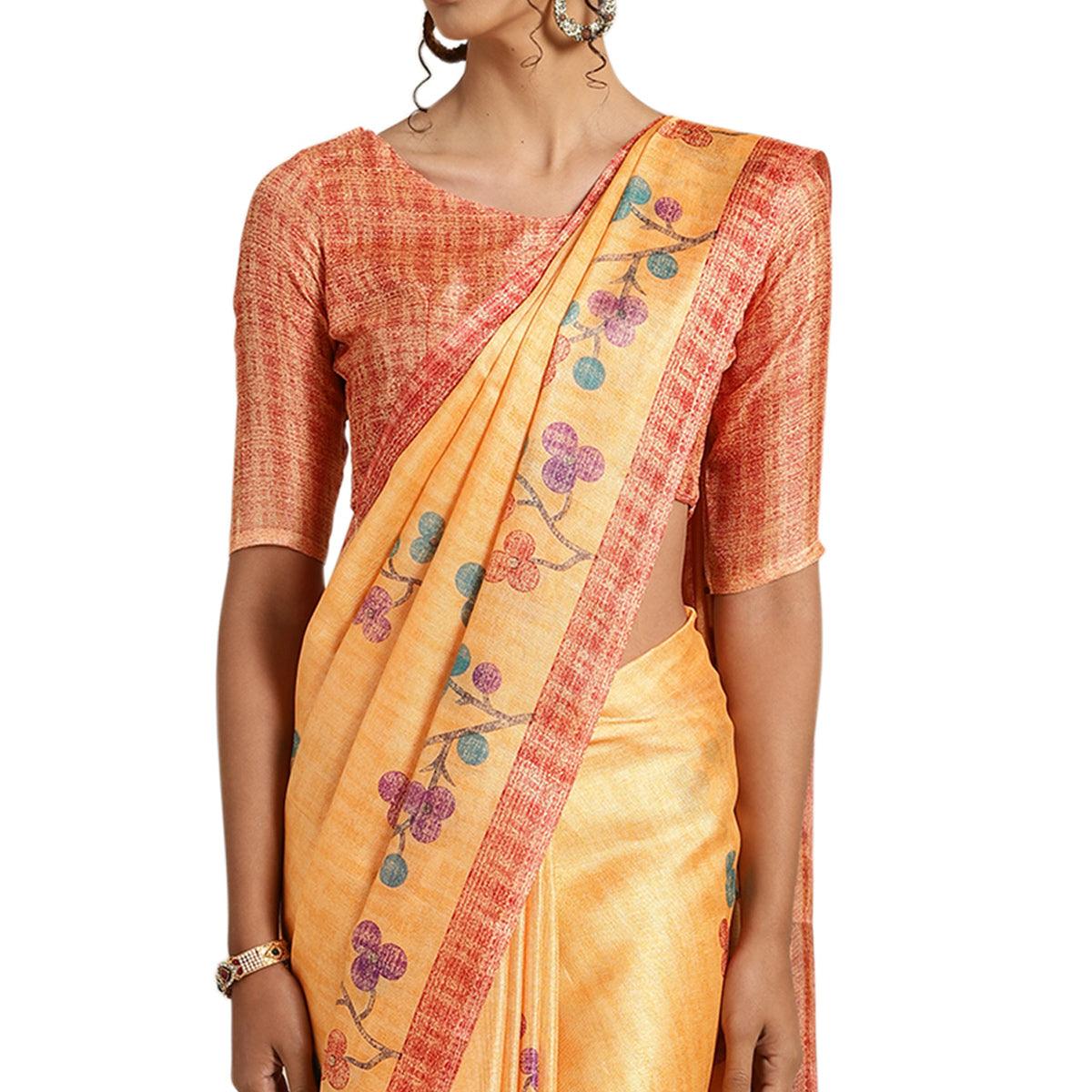 Peachmode Desirable Orange Colored Casual Printed Cotton Saree - view 2