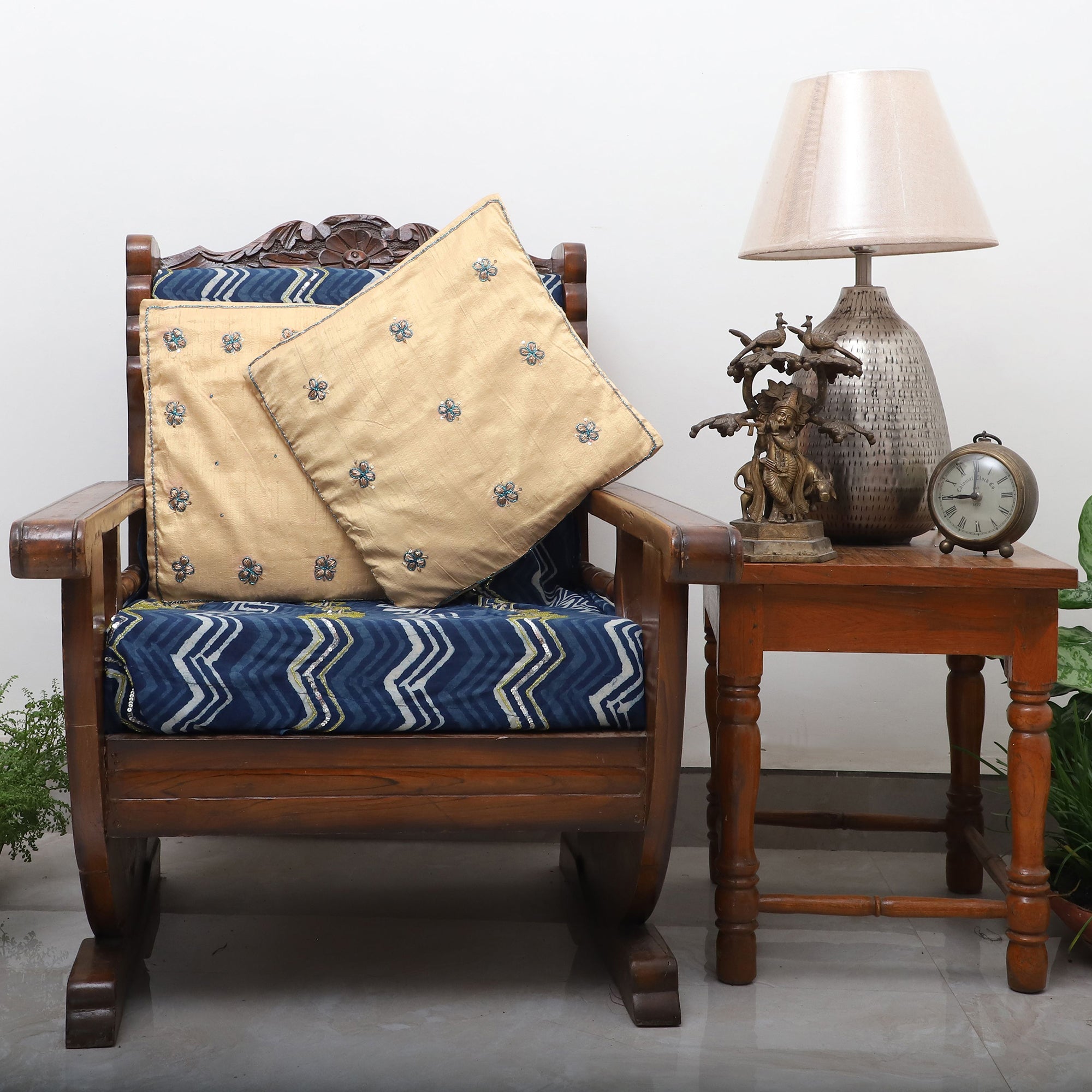 TICS Beige - Flower Butas - Zardozi Hand Embroidered Raw Silk Cushion Cover (Set of 2)
