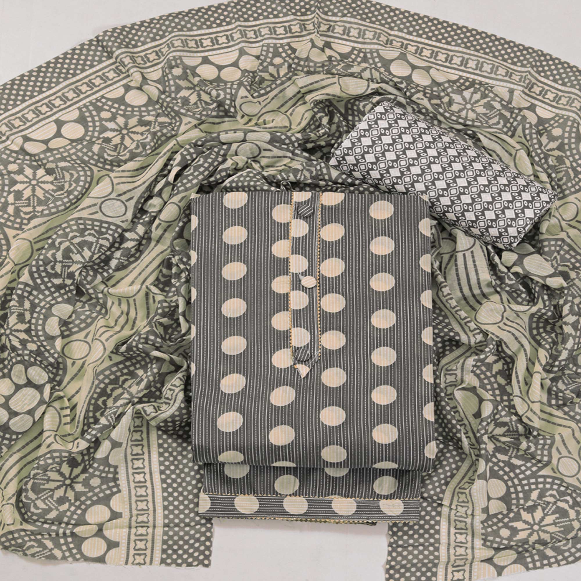 Peachmode Grey Printed With Gota Patti Work Pure Cotton Dress Material