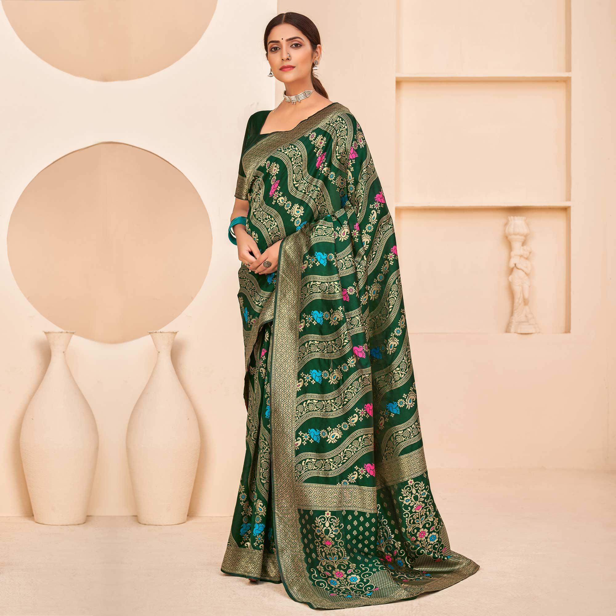 Peachmode Dark Green Festive Wear Banarasi with Patola Woven Banarasi Silk saree