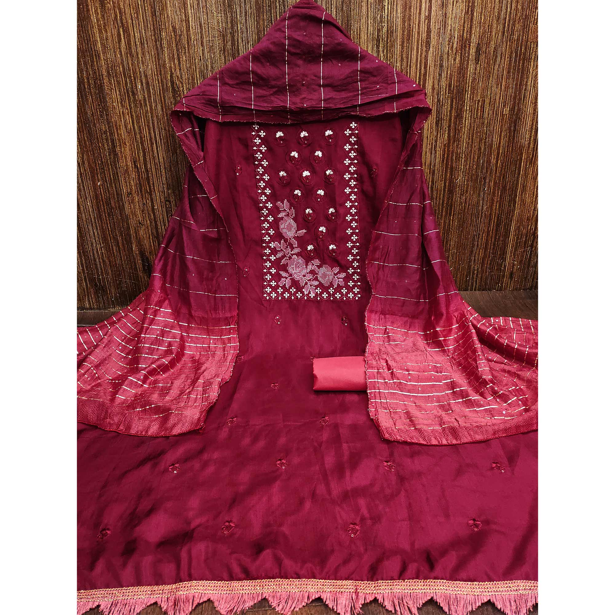 Peachmode Maroon Embroidered Art Silk Dress Material - view 3