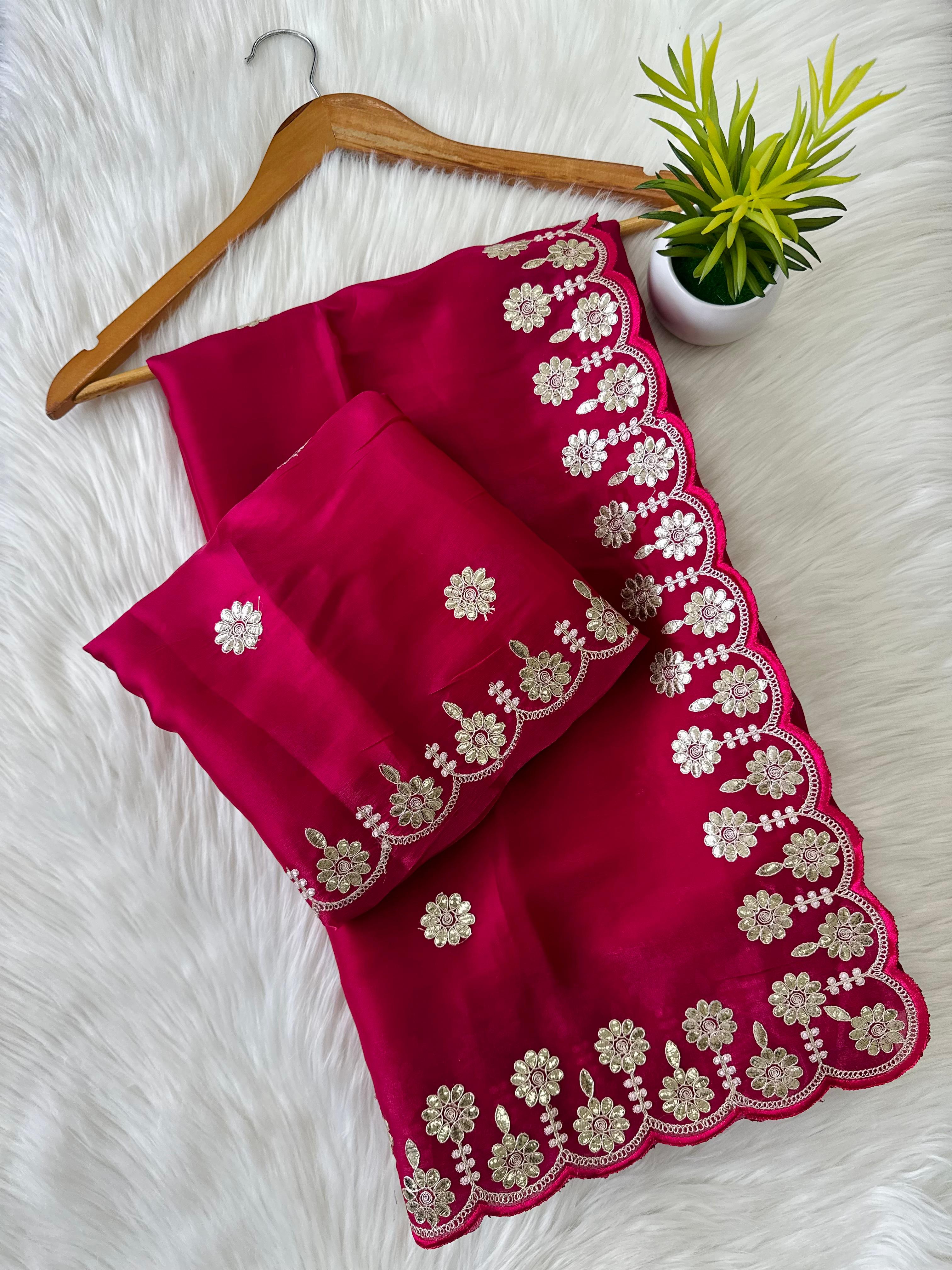 ClothsVilla Magenta Jimmy Choo Saree with Beautiful Jaipuri Gota Work – Complete with Matching Running Blouse