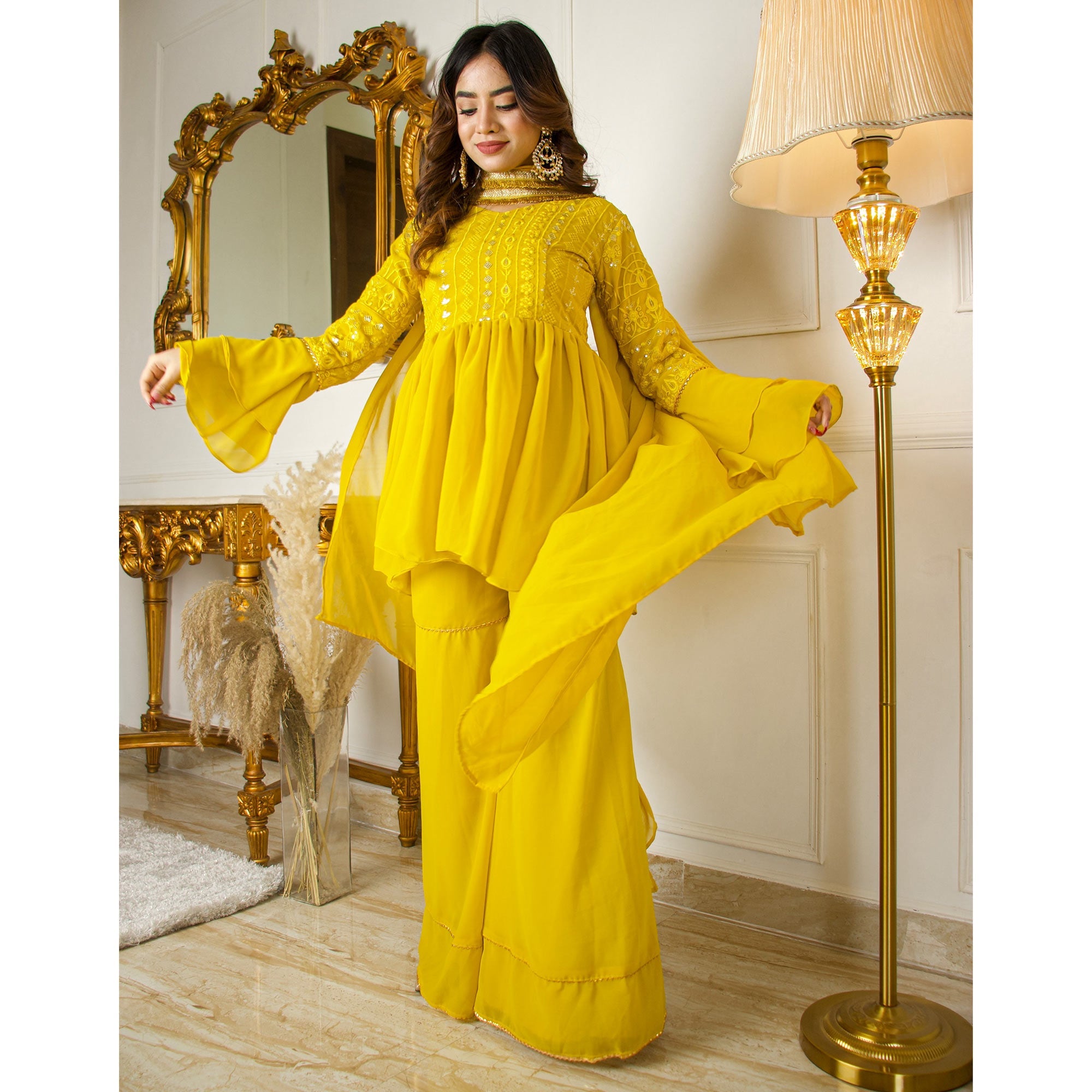Peachmode Seller Lemon Yellow Sequins Embroidered Georgette Sharara Suit - view 4