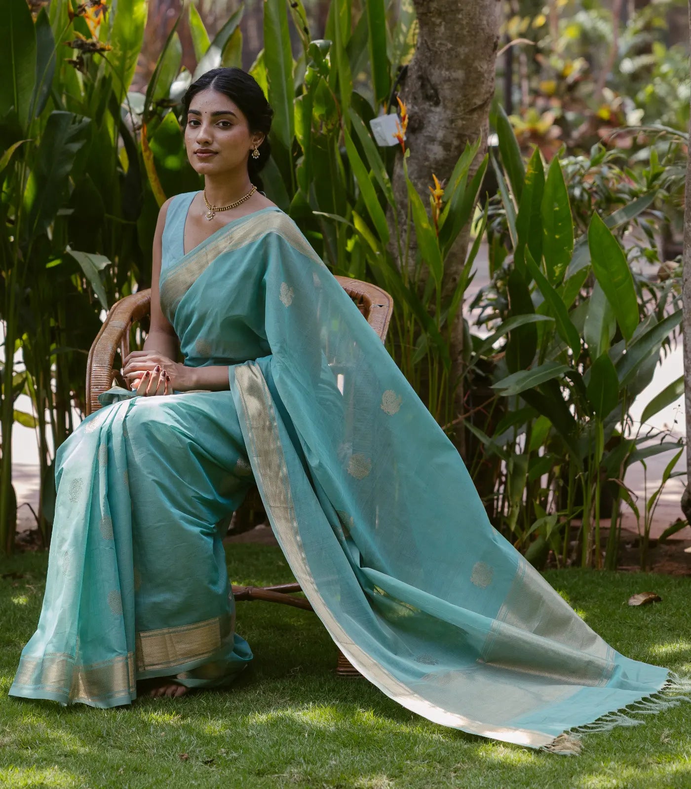 RmKV Turquoise Handloom Kanchi Cotton Saree With Annam Buttas