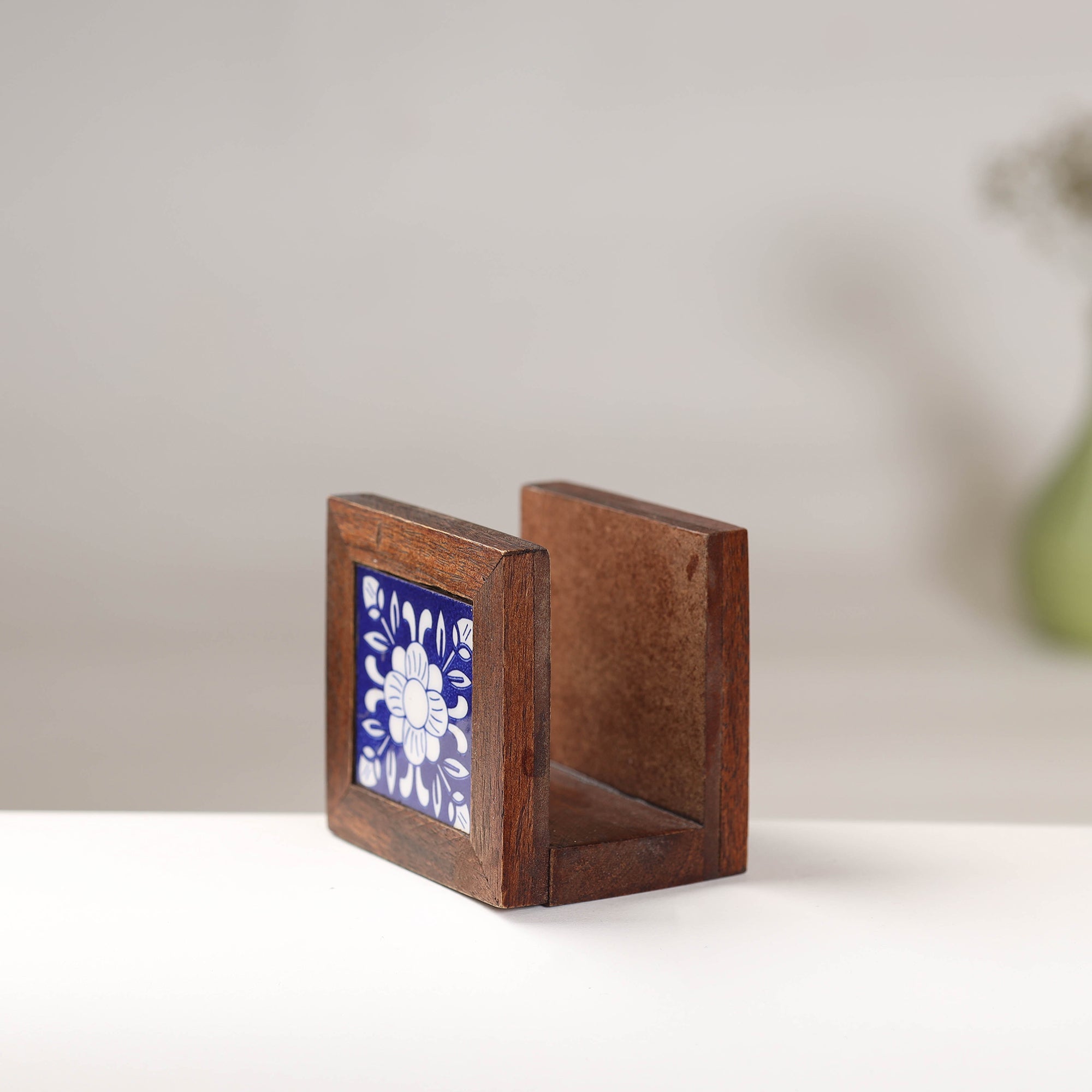 RAJASTHAN BLUE POTTERY Brown - Original Blue Pottery Ceramic Sheesham Wood Napkin Holder - view 3