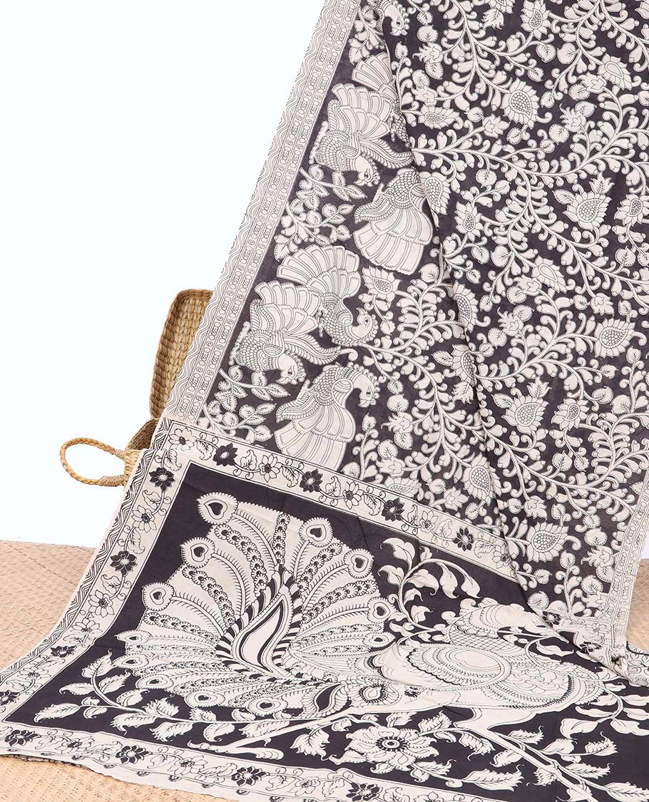 Pothys Black floral vine & peacock machine-printed kalamkari cotton saree, self-border & peacock motifs pallu