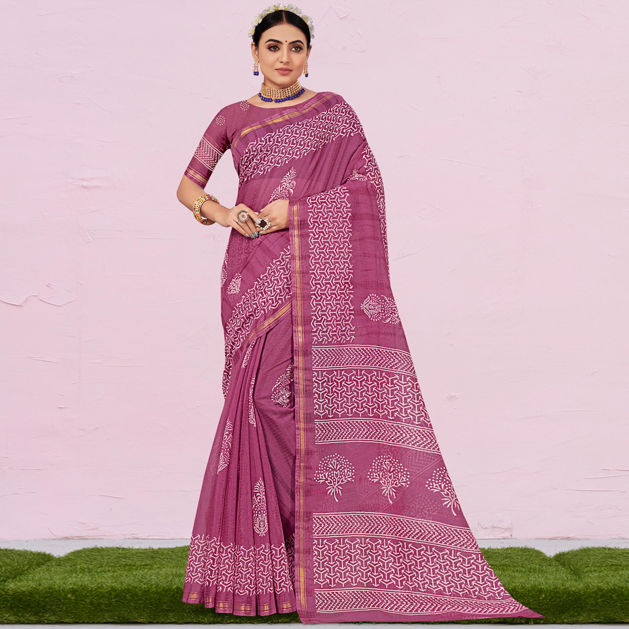 Peachmode Mauve Printed Cotton Saree – Women's