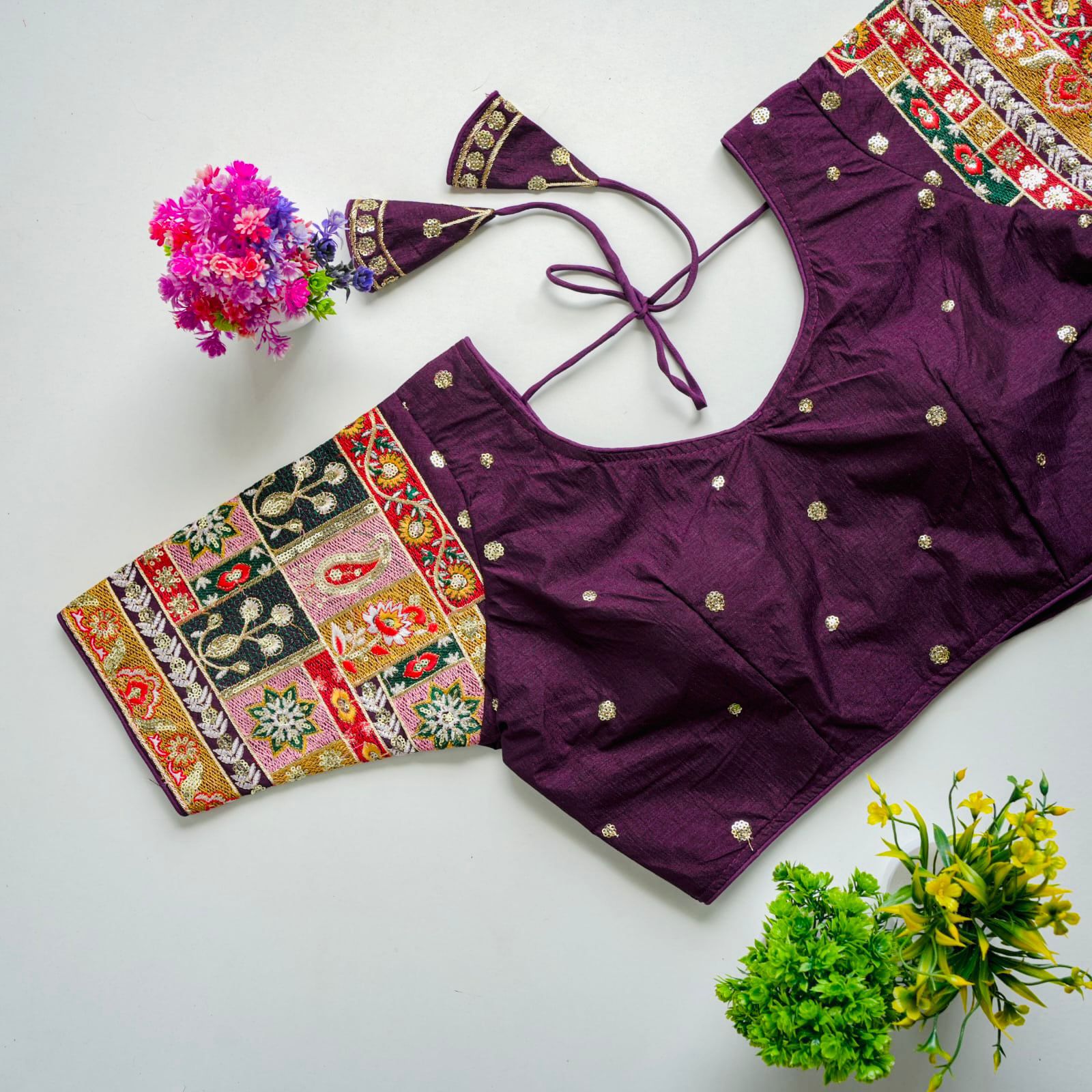 ClothsVilla Dark Purple Golden Embroidered Seoul Silk Blouse with Sequins - view 2