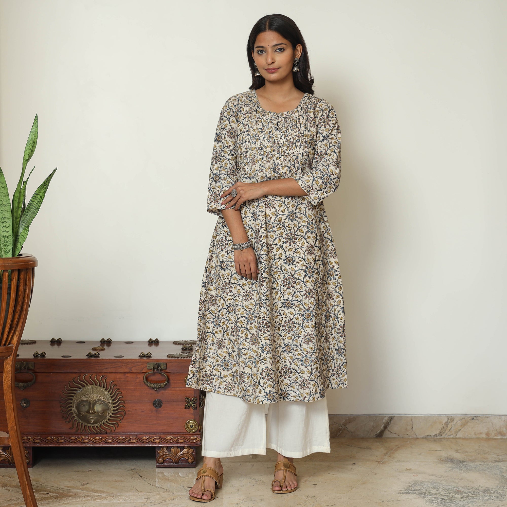 ITOKRI CASUALS Beige - Pedana Kalamkari Hand Block Printed Cotton Pintuck A-Line Kurta 56 - view 2