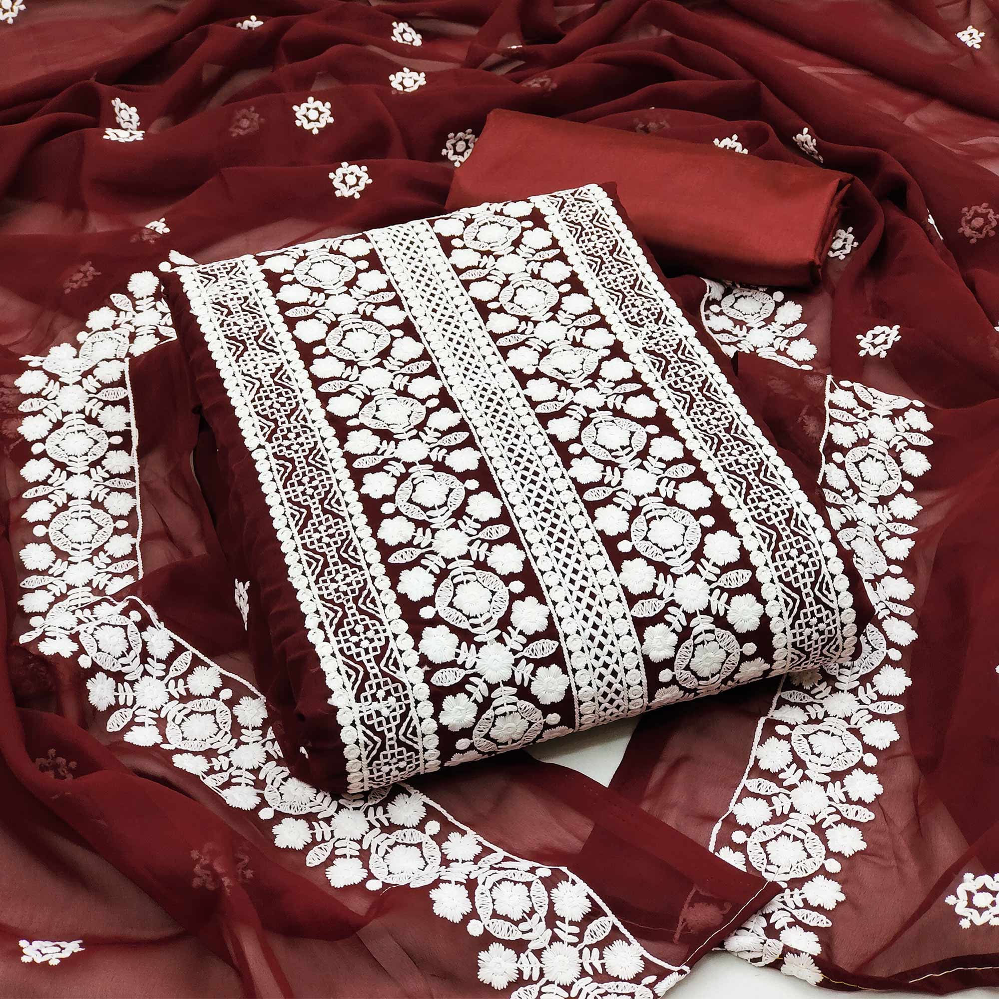 Peachmode Maroon Lucknowi Embroidered Georgette Dress Material