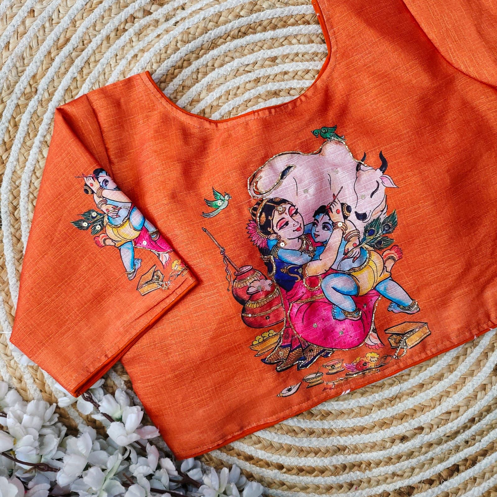 ClothsVilla Orange Pure Silk Blouse with Antique Handcrafted Work