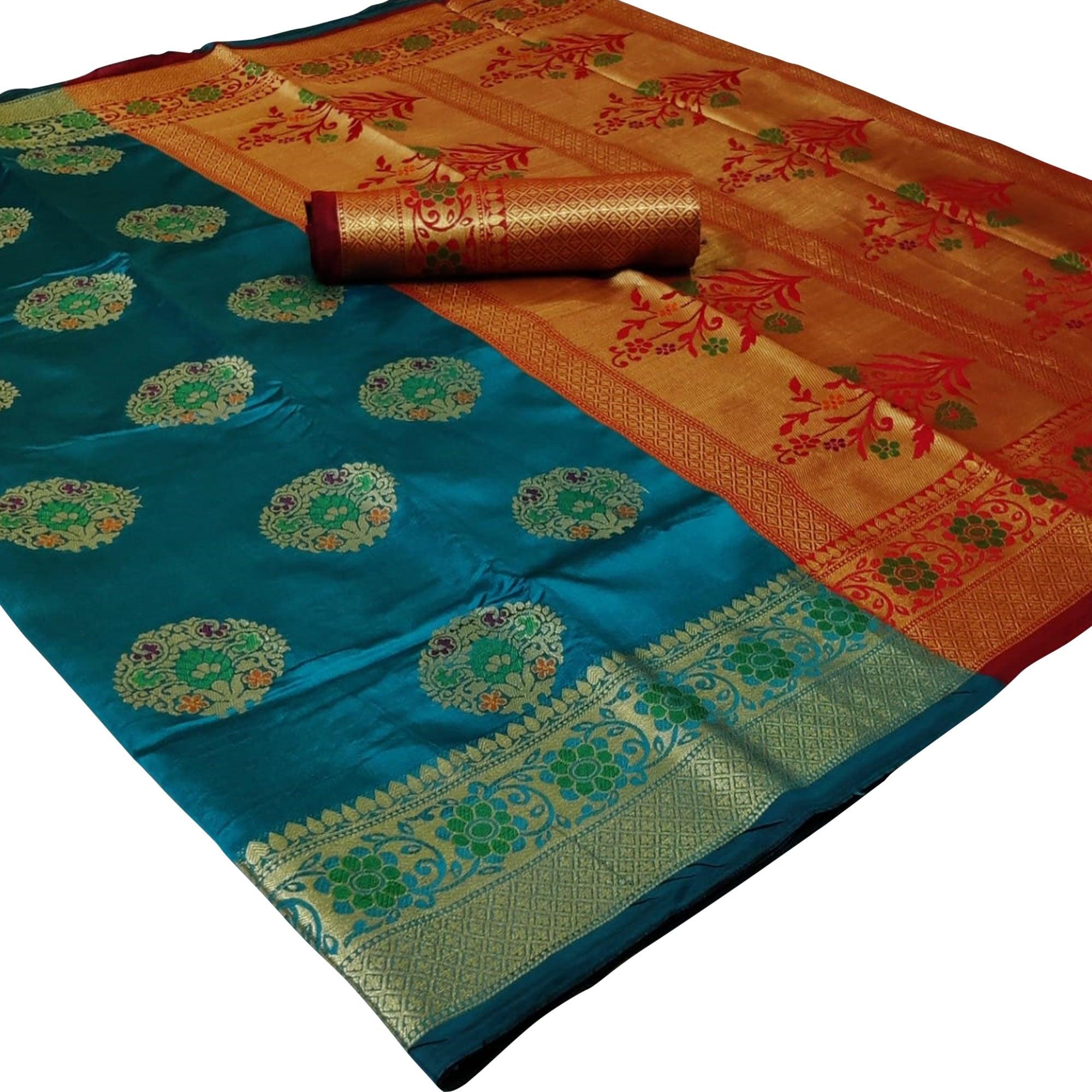 Peachmode Exceptional Turquoise Blue Colored Festive Wear Woven Silk Saree