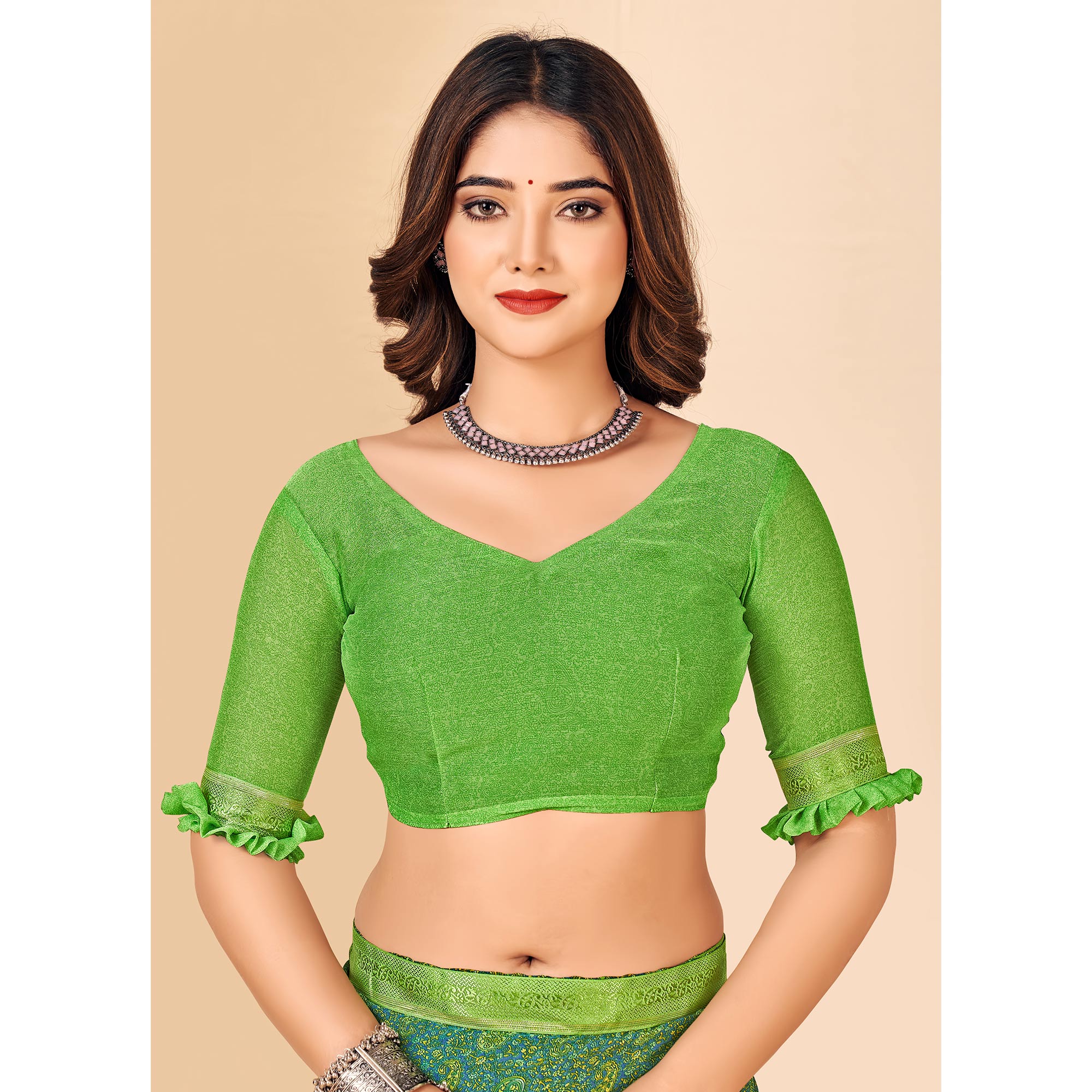 BlackTree green-floral-printed-chiffon-saree-with-lace-border-1 - view 3