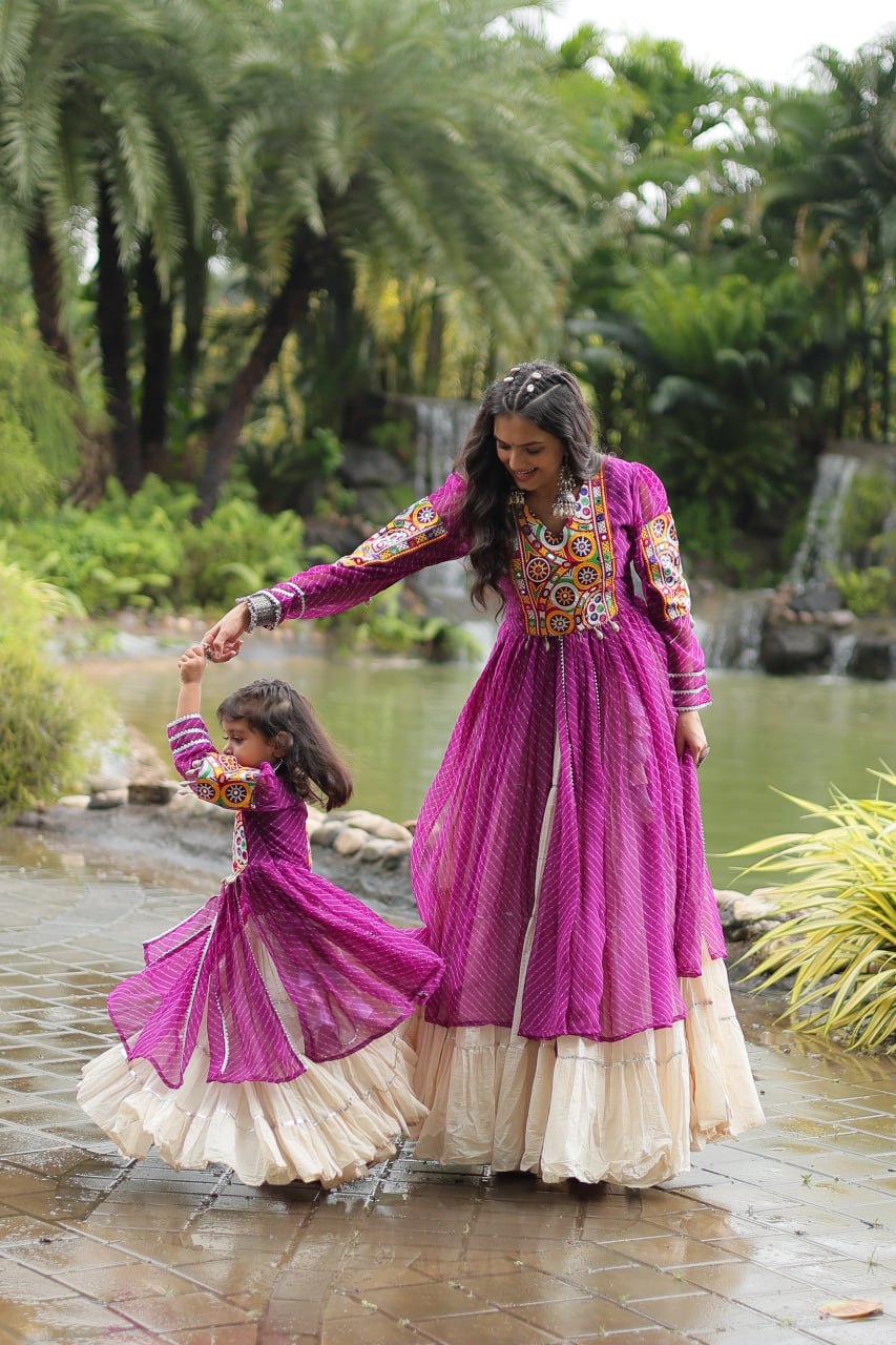 ClothsVilla Purple & White Elegant Lehenga and Kurti Combo for Adults & Kids - Full-Stitched Set