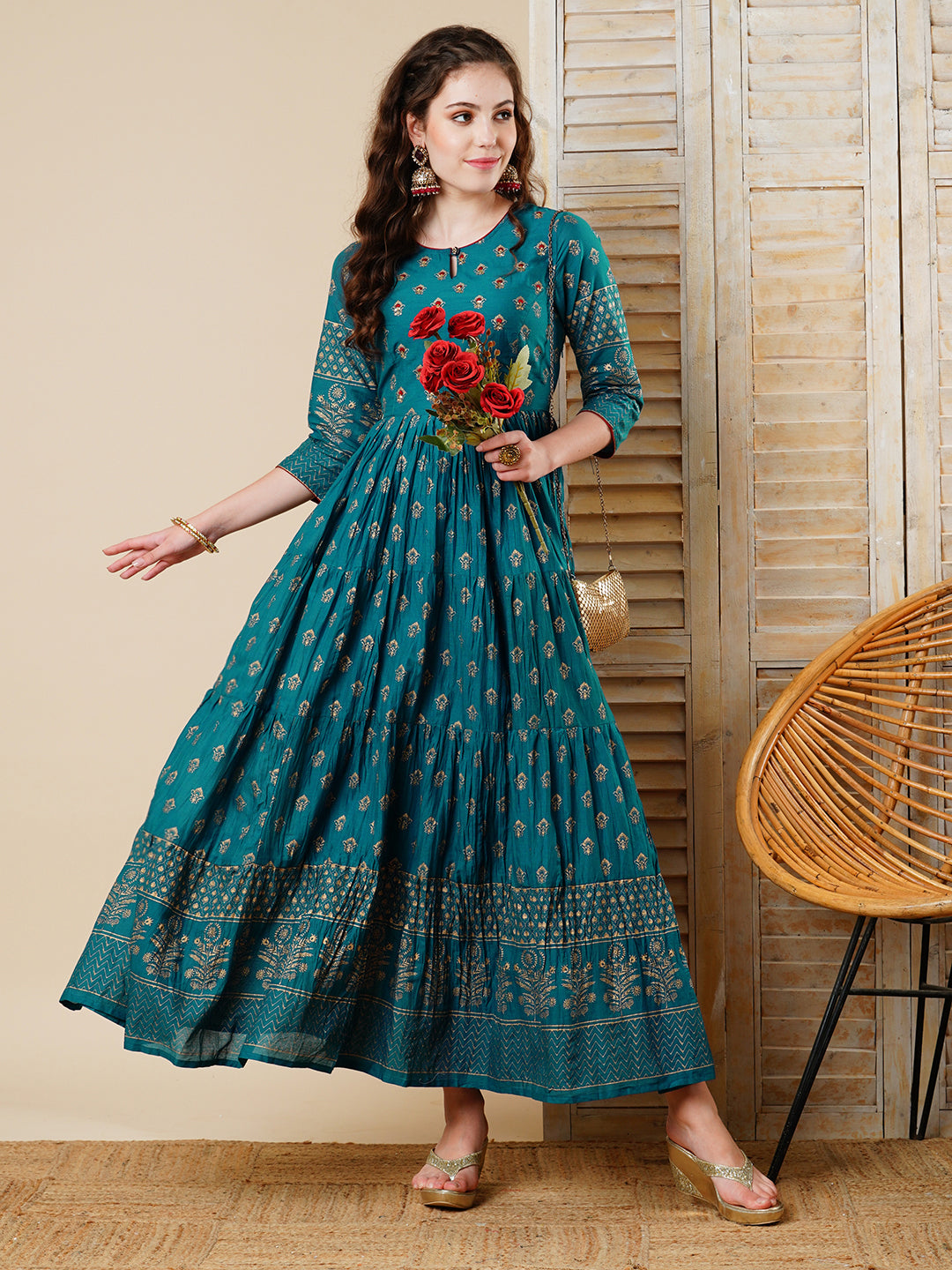 Fashor Ethnic Foil Printed & Embroidered A-Line Tiered Maxi Dress - Teal Blue