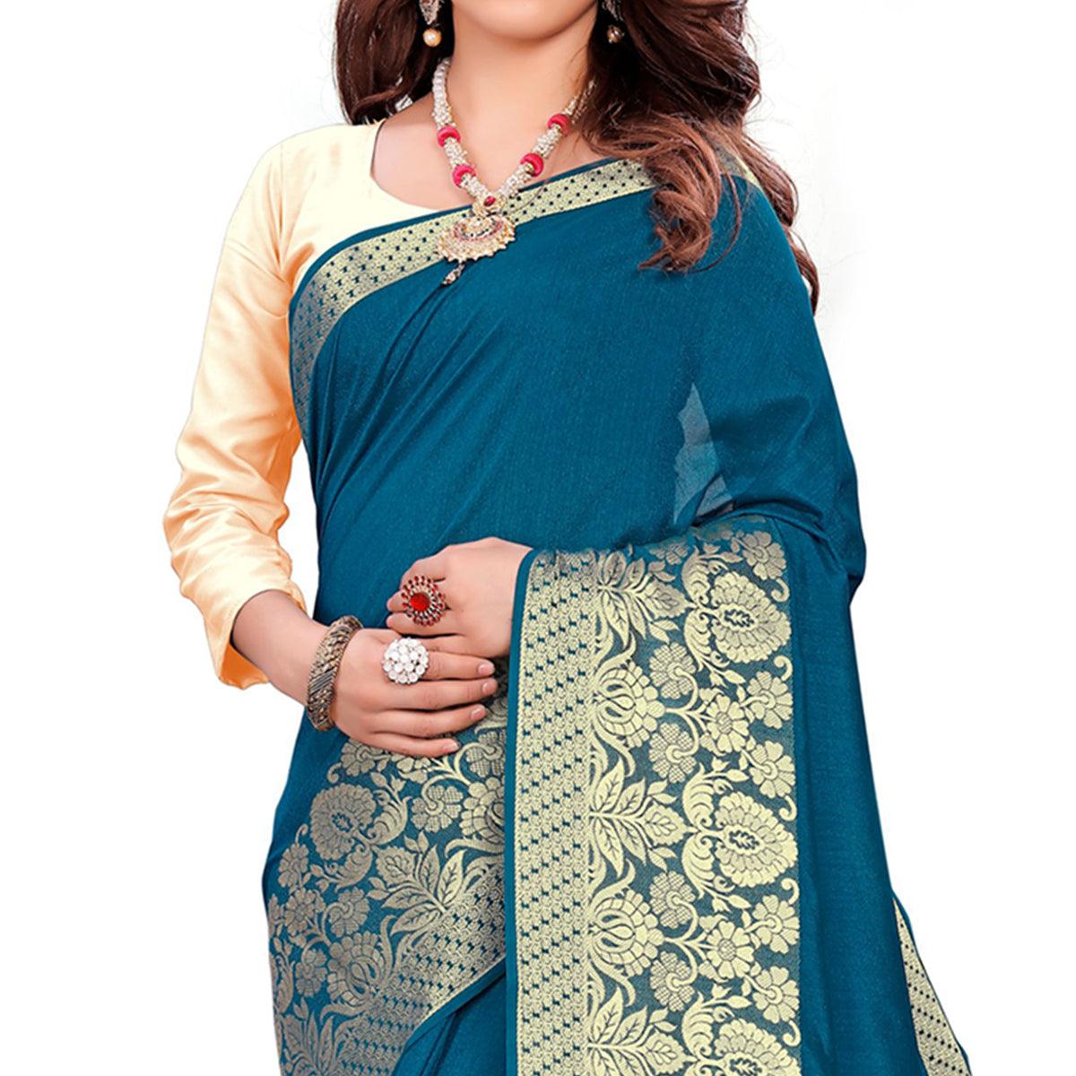 Peachmode Classy Teal Blue Colored Festive Wear Woven Art Silk Saree With Tassels - view 5
