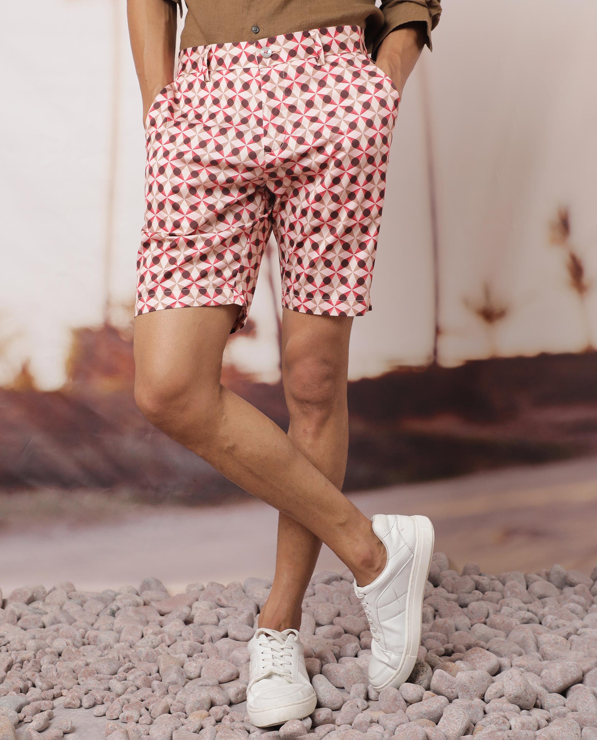 Rare Rabbit Men's Stany Pink Cotton Fabric Button & Zip Closure Slim Fit Mid Rise Geometric Print Shorts - view 3
