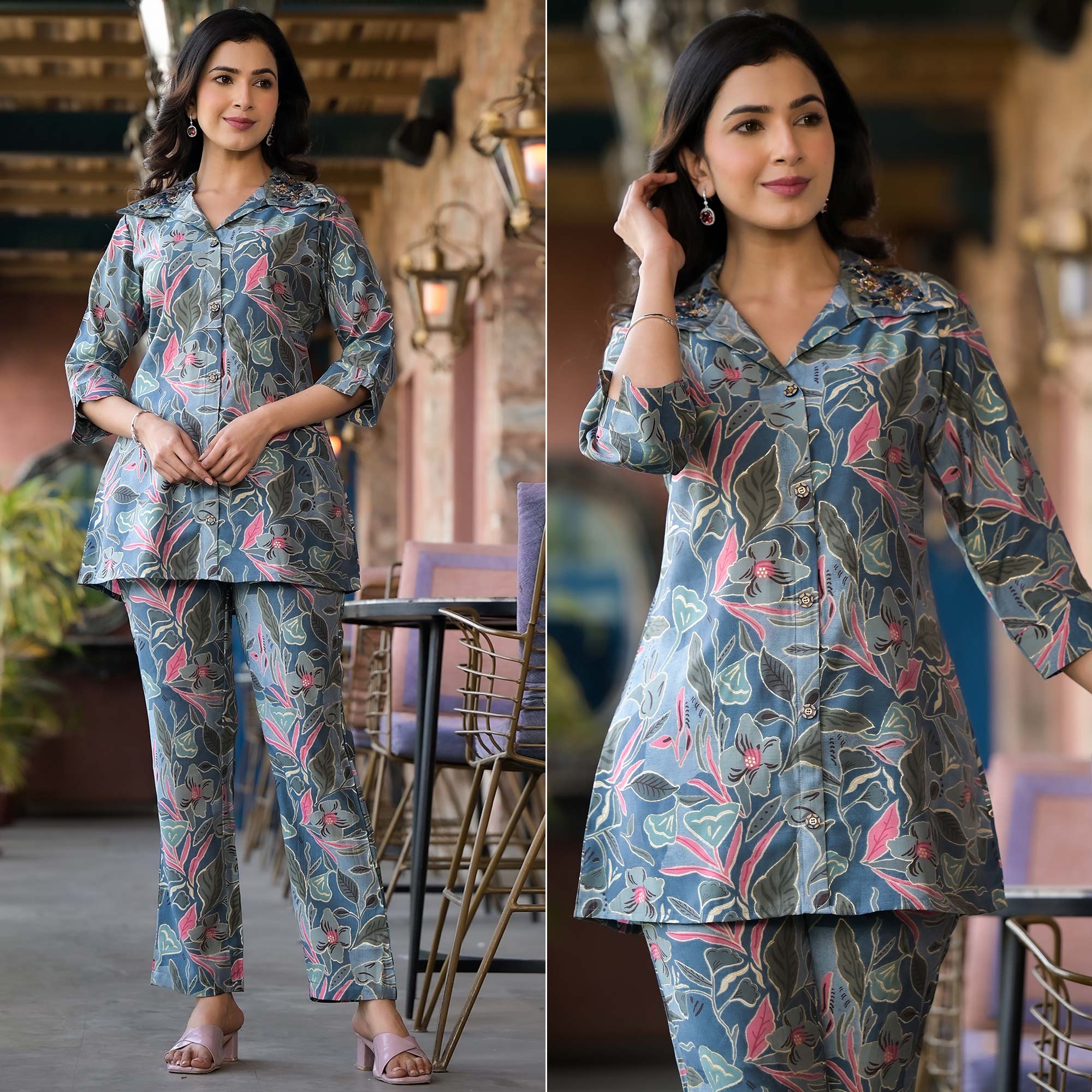 Peachmode Denim Blue Floral Printed Chanderi Silk Co-Ord Sets With Handcrafted