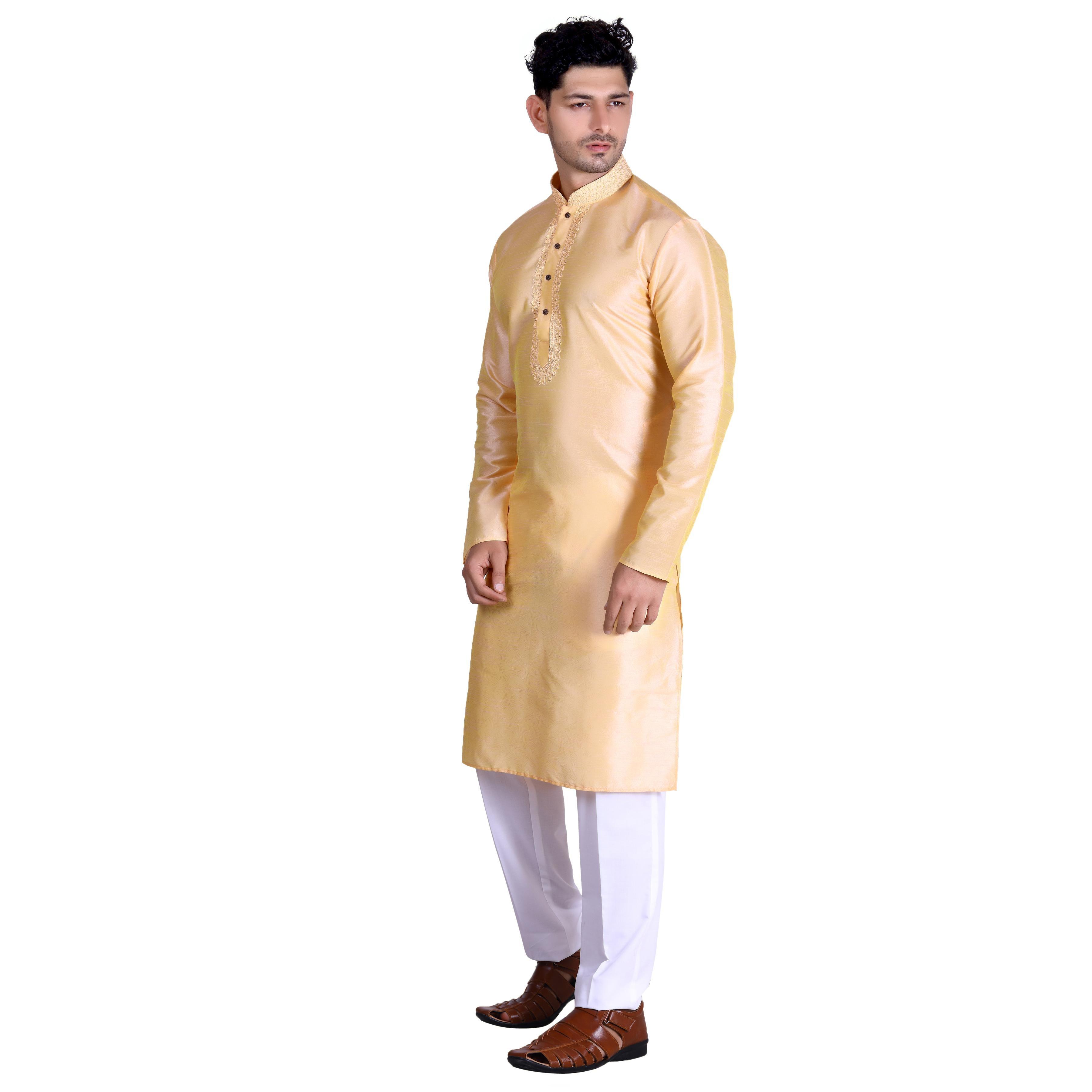 Peachmode Seller Light Yellow Woven With Embroidered Art Silk Men's Kurta Pyjama Set - view 4