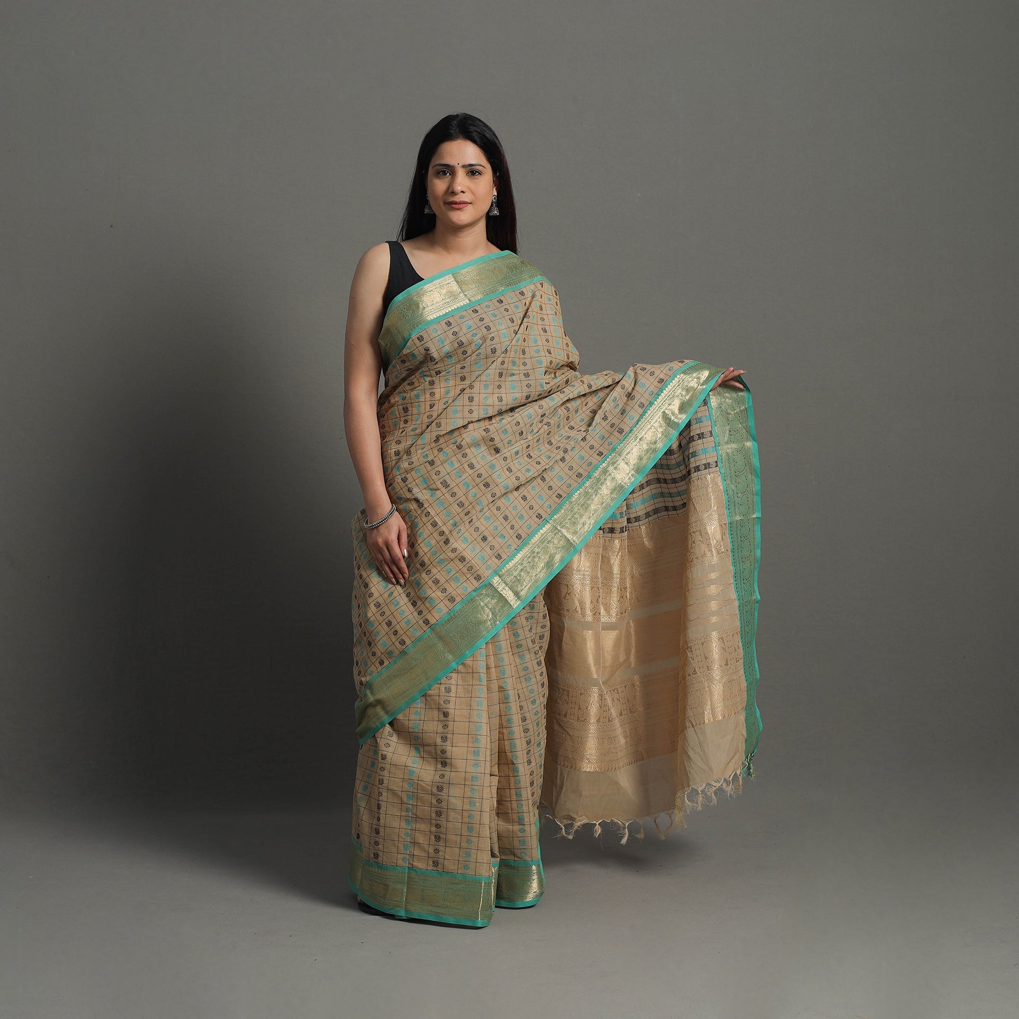 SOUTH KARGHA Brown - Handloom Cotton Zari Border Kanchipuram Saree 26