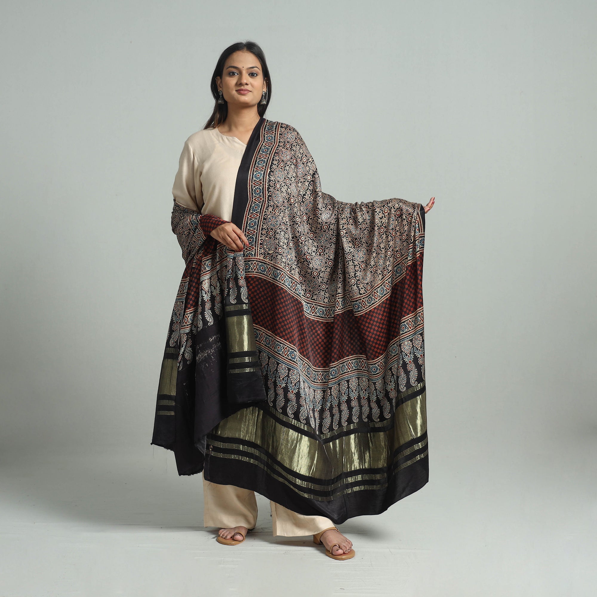 KACHCHH JI CHHAAP Brown - Modal Silk Block Print Ajrakh Dupatta 95