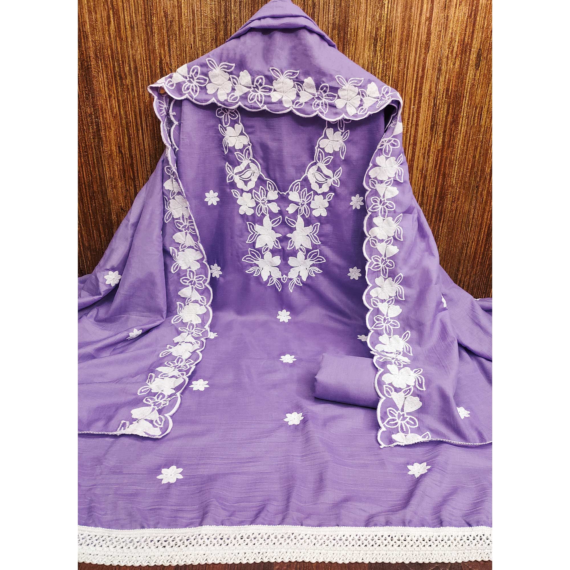 Peachmode Lavender Floral Embroidered Cotton Blend Dress Material - view 3