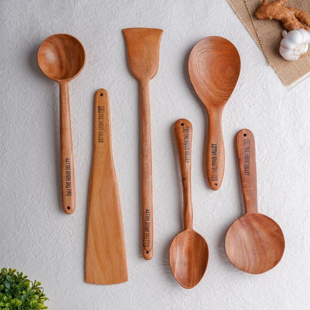 The Indus Valley 100% Natural Neem Wood Cooking & Serving Spoons/Spatula/Ladles, Set of 6, Toxin-free, Anti-microbial