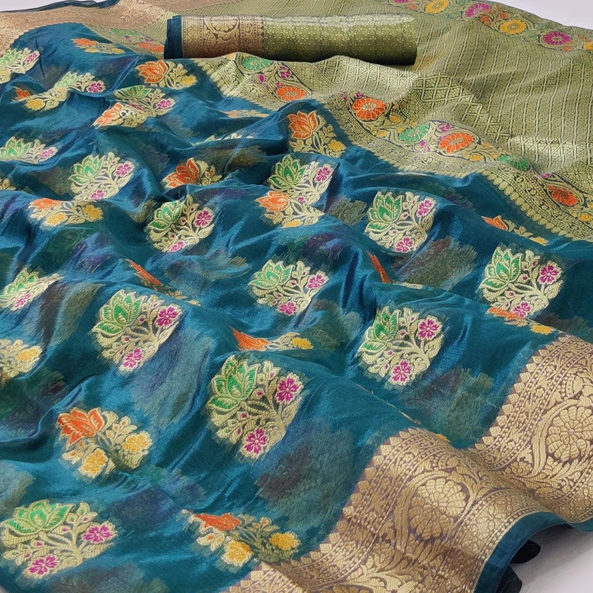 Peachmode Blue Woven Organza Saree – Women's - view 2