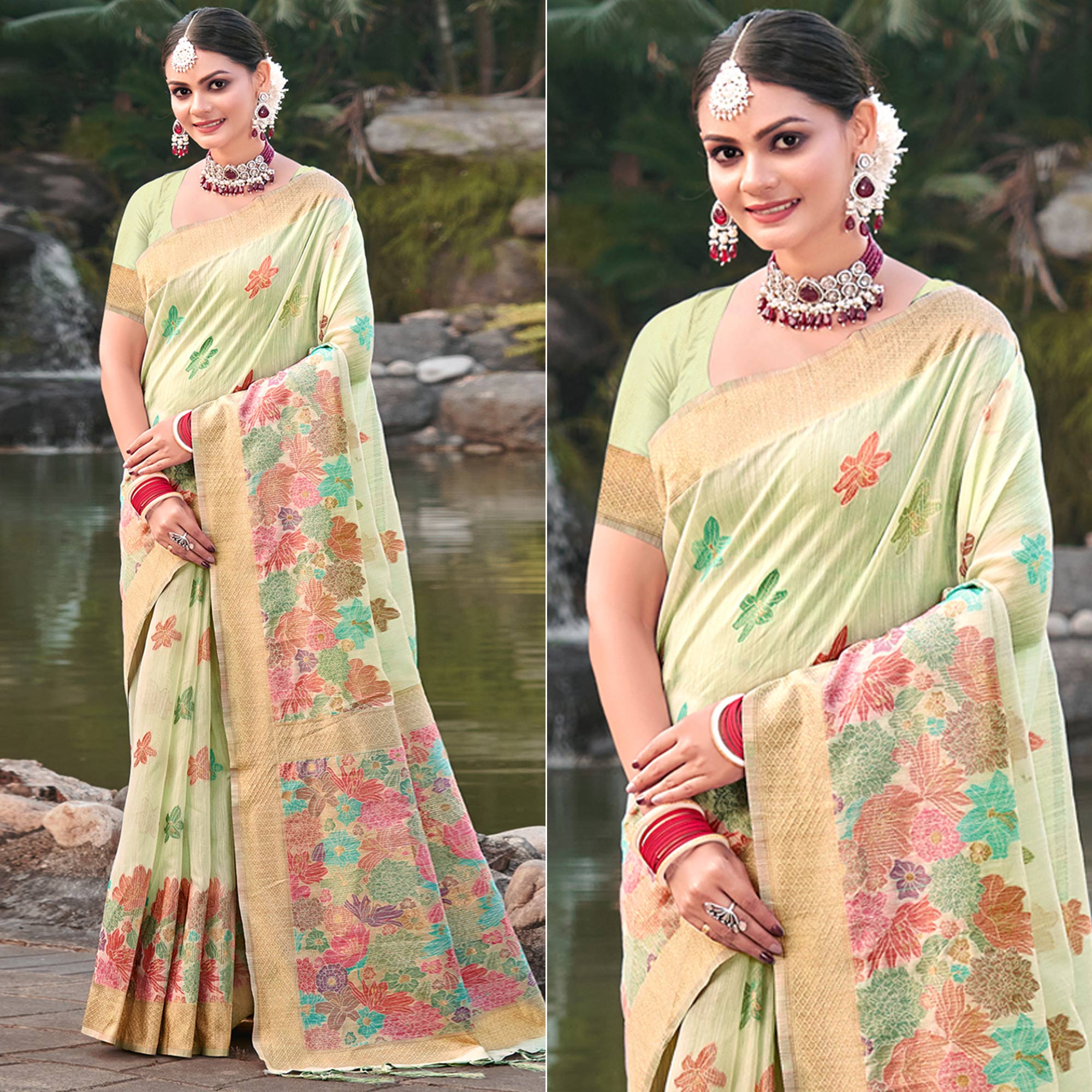 Peachmode Light Green Woven Cotton Blend Saree With Tassels