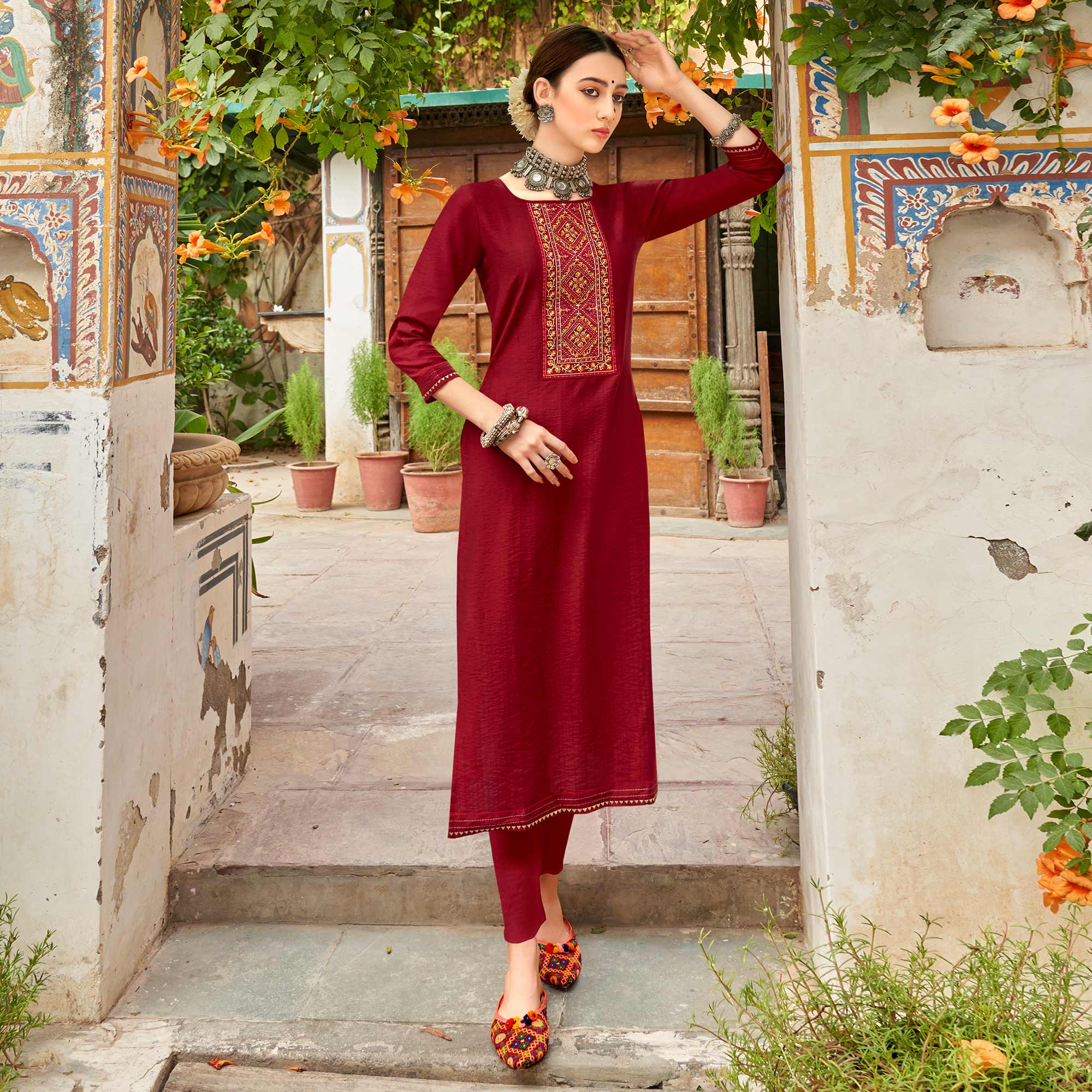 Peachmode Seller Dark Red Embroidered Viscose Kurti - view 2