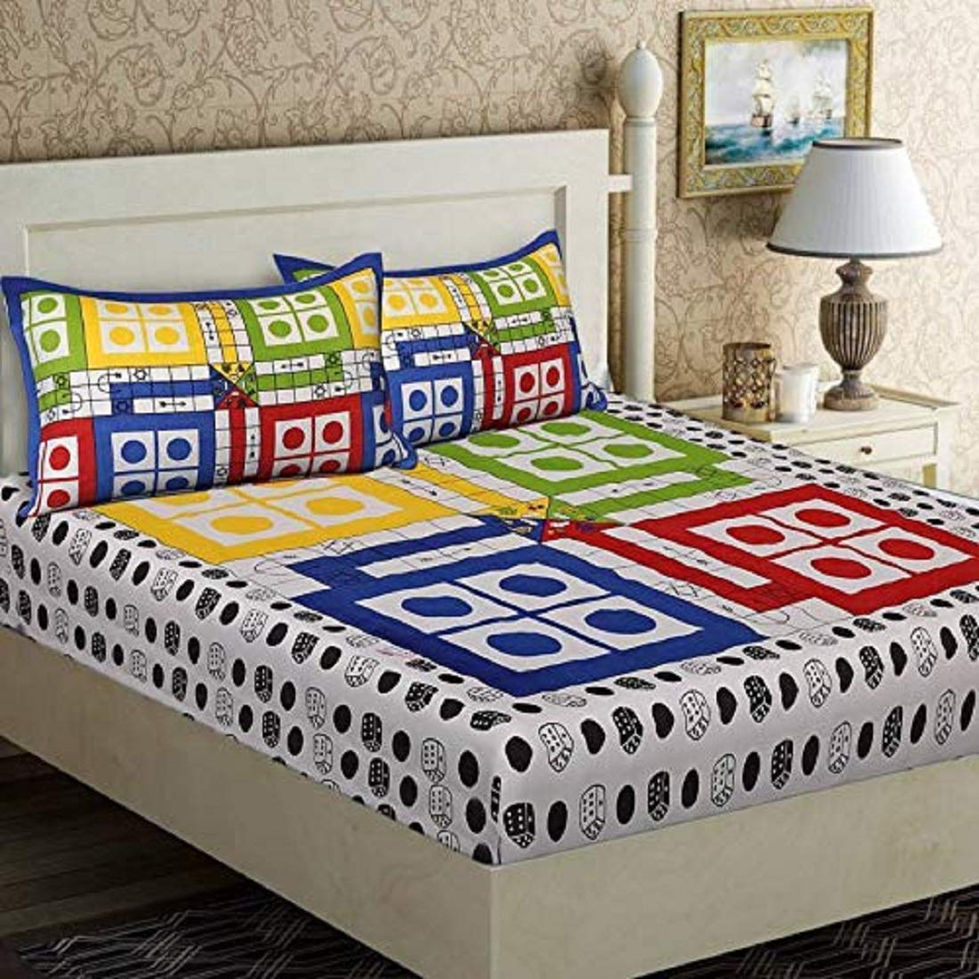 Kuber Industries Ludo Print 160 TC Cotton Double Bedsheet with 2 Pillow Covers - Multicolour