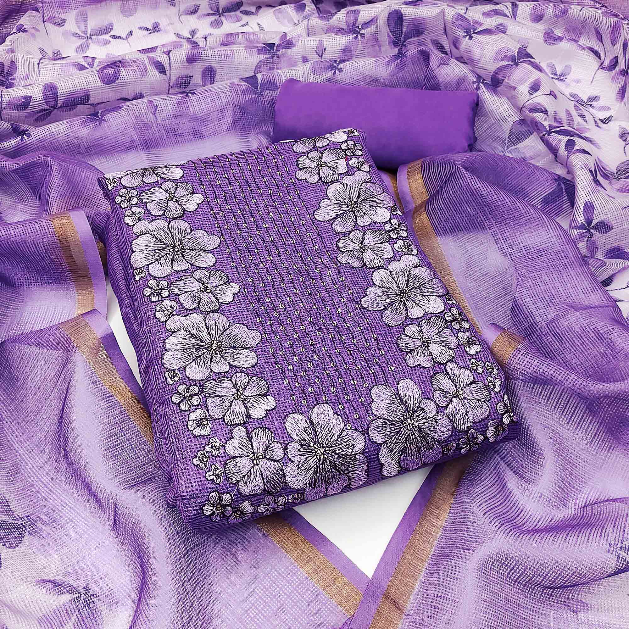 Peachmode Lavender Floral Embroidered Kota Doria Dress Material