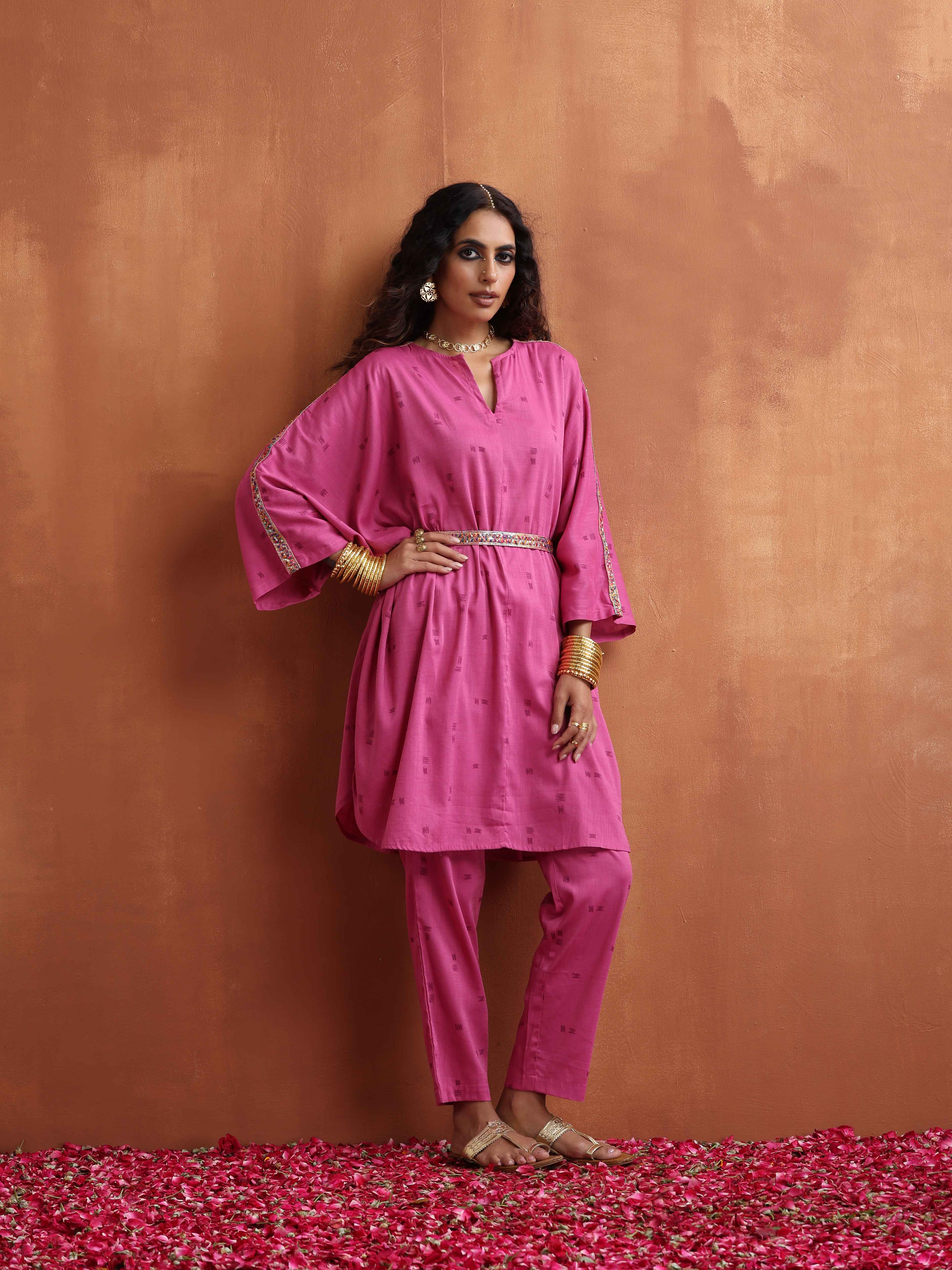 trueBrowns Pink Print Kaftan Kurta Co-ord Set - view 3