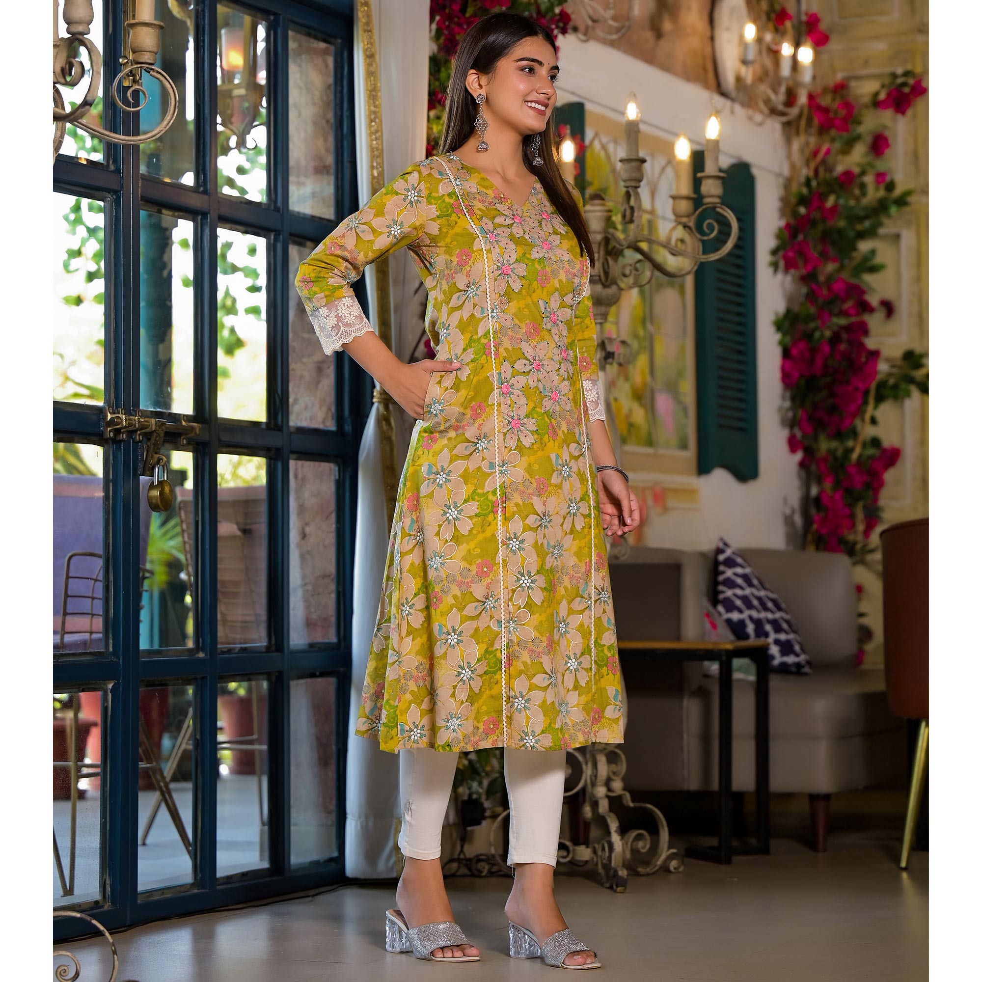 Peachmode Dark Lemon Green Floral Printed Giza Cotton Maxi Dress - view 6