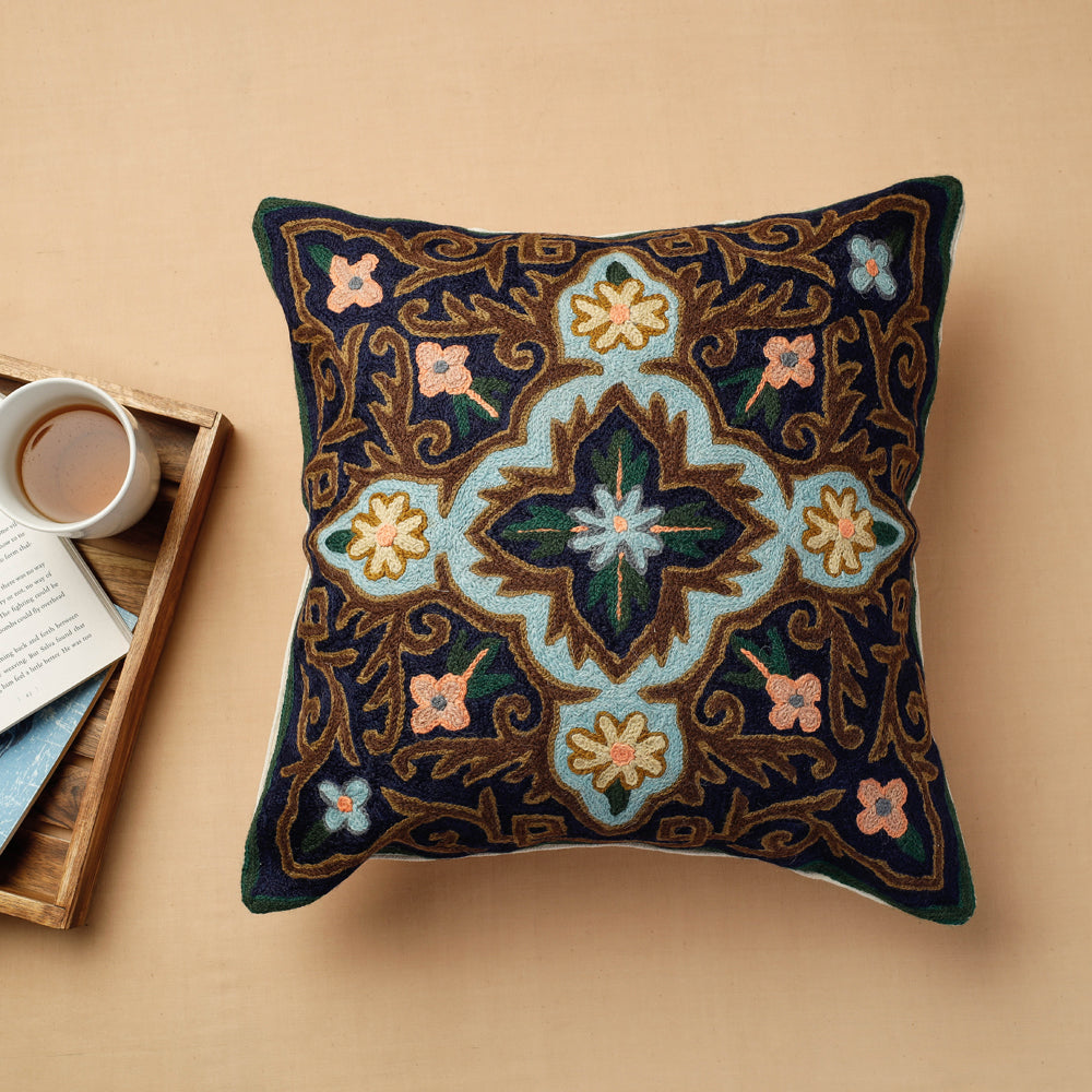 ITOKRI CRAFTS INITIATIVE Black - Original Chain Stitch Crewel Wool Thread Hand Embroidery Cushion Cover (16 x 16 in)