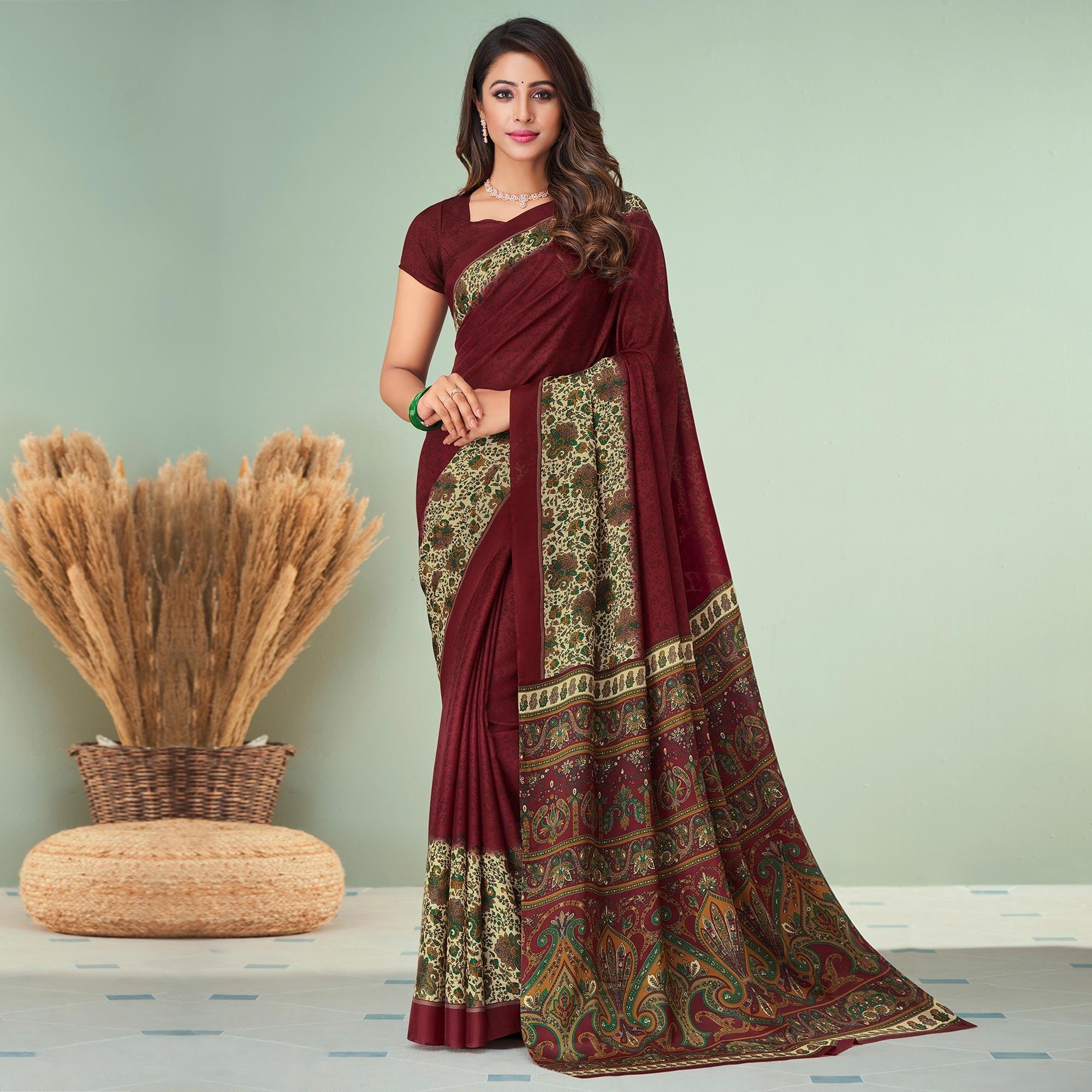 Peachmode Maroon Printed Raw Silk Saree – Women's