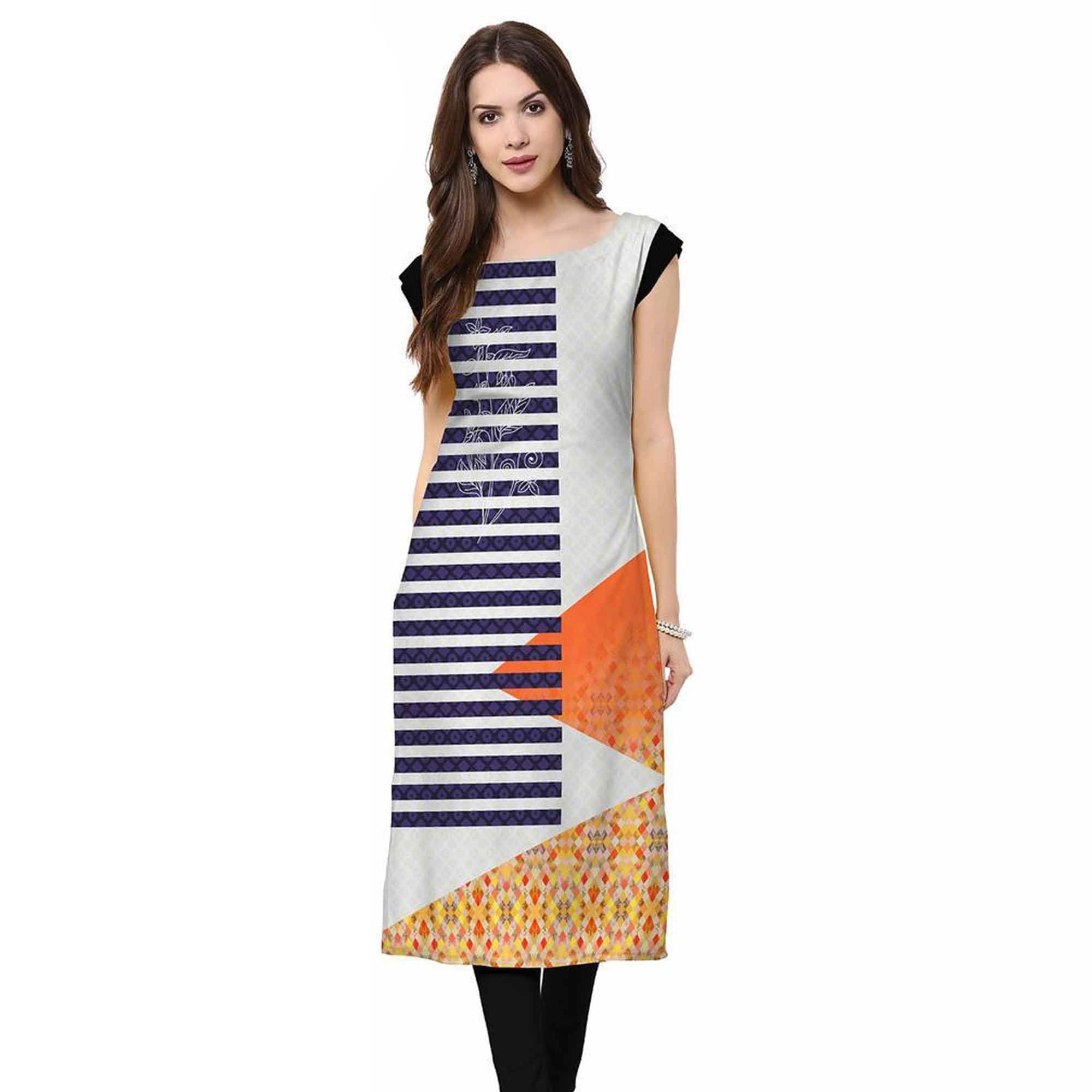Peachmode Seller Innovative Grey-Blue Colored Casual Printed Crepe Kurti