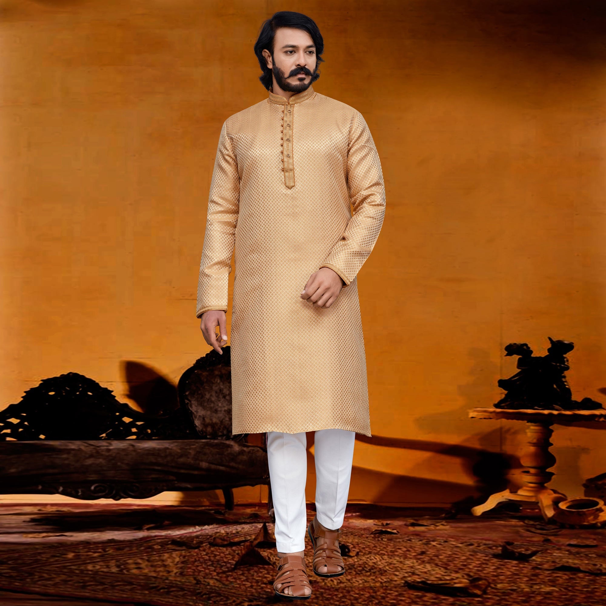 Peachmode Seller Cream Woven Jacquard Kurta Pyjama Set - view 2
