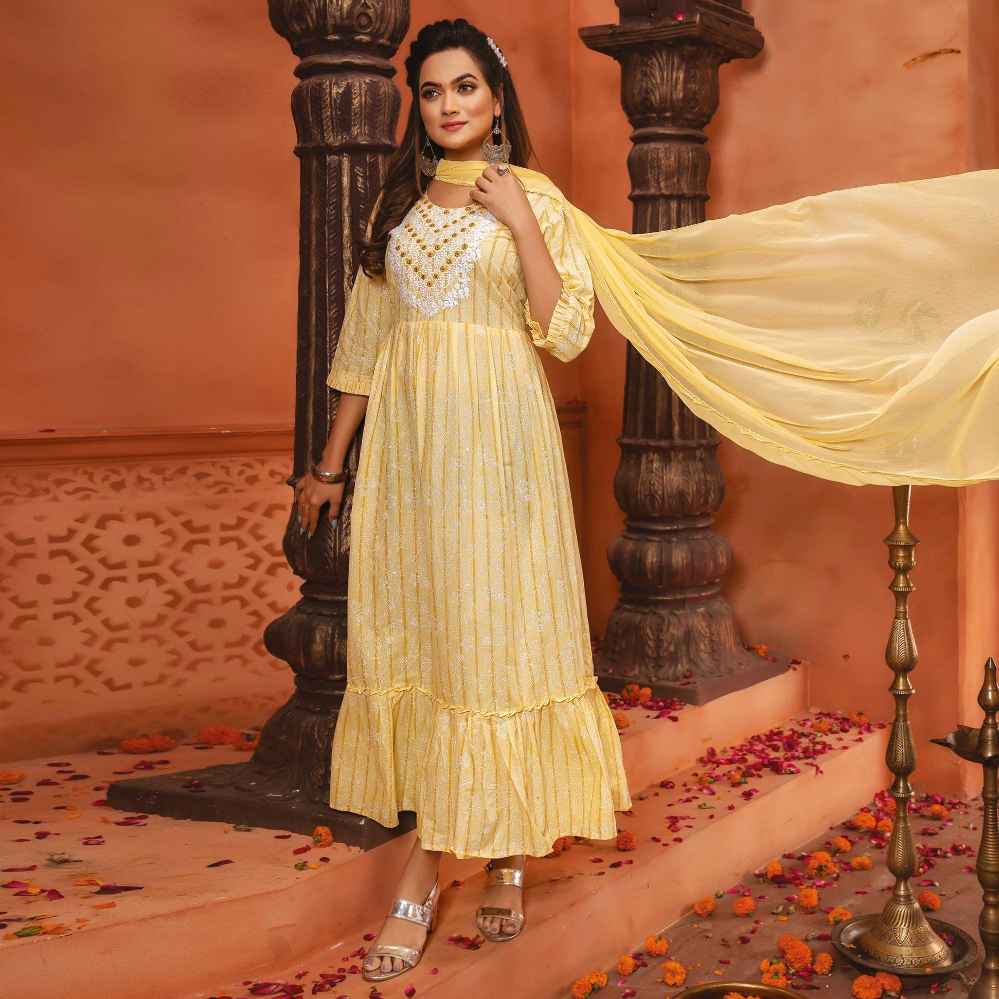 Peachmode Light Yellow Printed-Embroidered Cotton Blend Gown With Dupatta