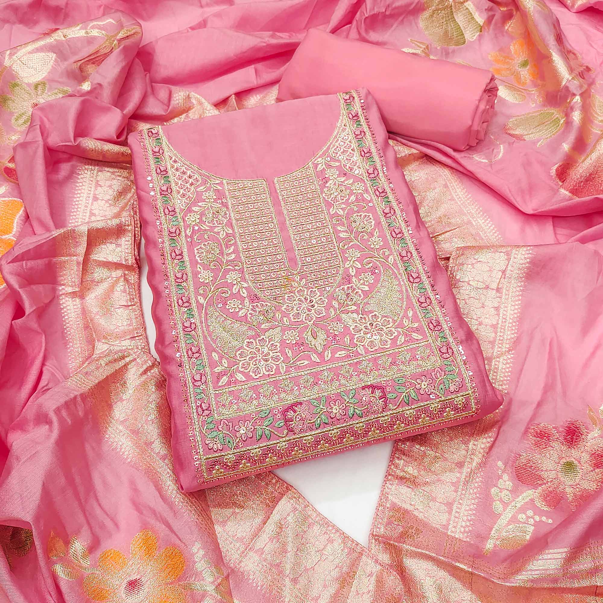 Peachmode Pink Floral Sequins Embroidered Roman Cotton Silk Dress Material