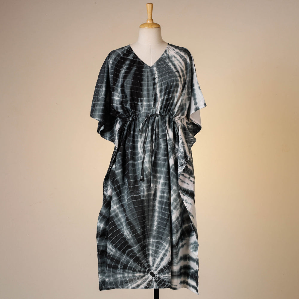 HAVELI CHRONICLES Black - Shibori Tie-Dye Cotton Kaftan with Tie-Up Waist (Medium)