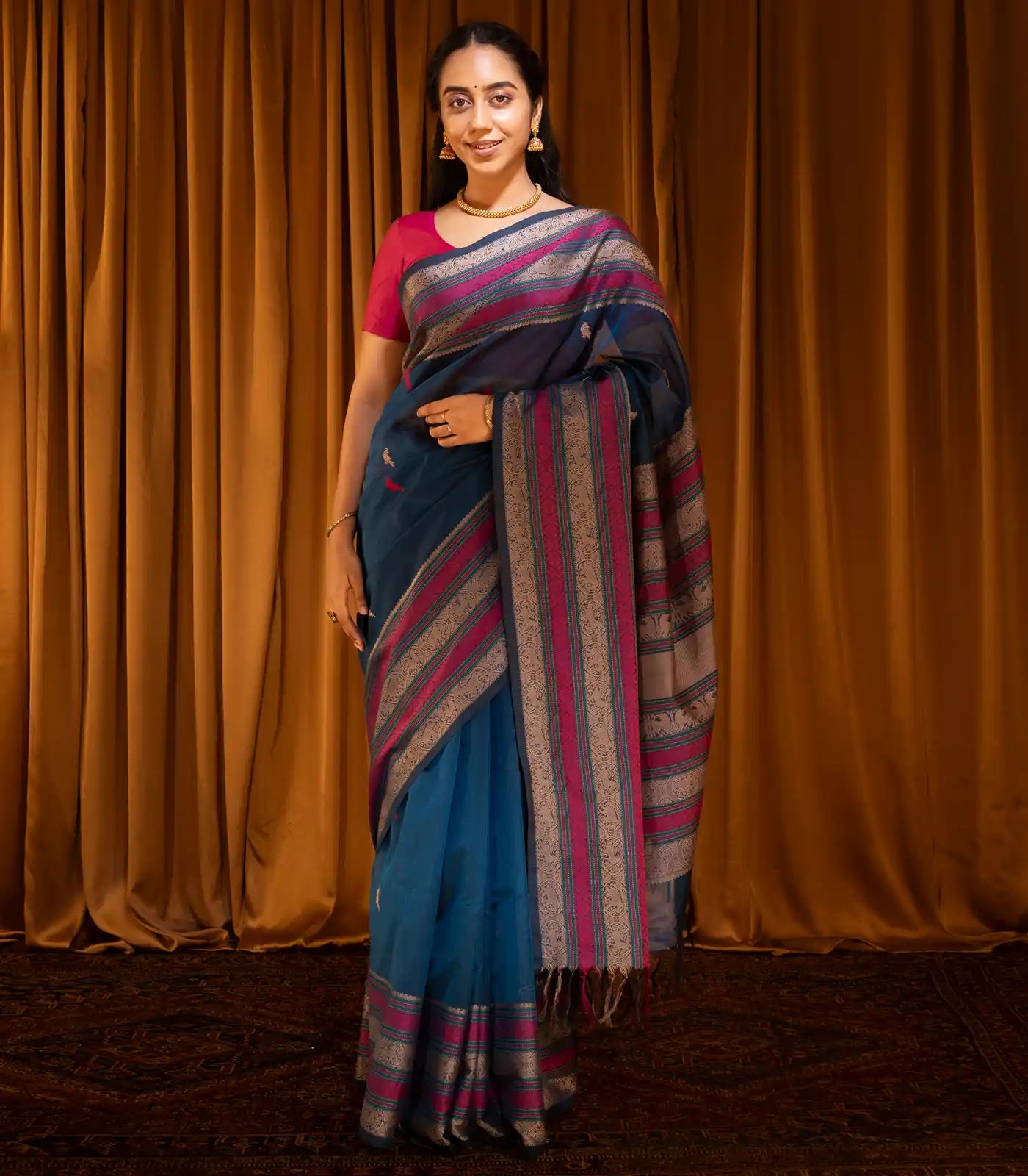 RmKV Navy Blue Handloom Silk Cotton Saree With Parrot Buttas-Navy Blue