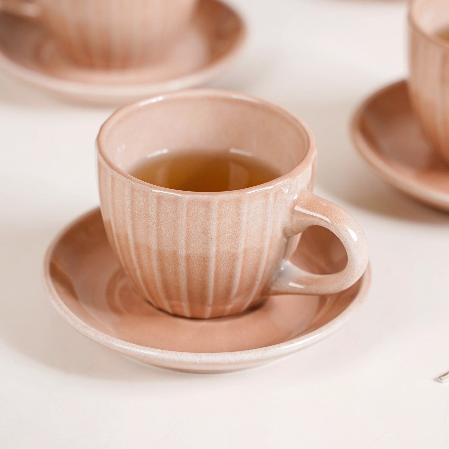 Nestasia Costola Ceramic Tea Cup And Saucer Set Of 4 Pink 125ml - view 3