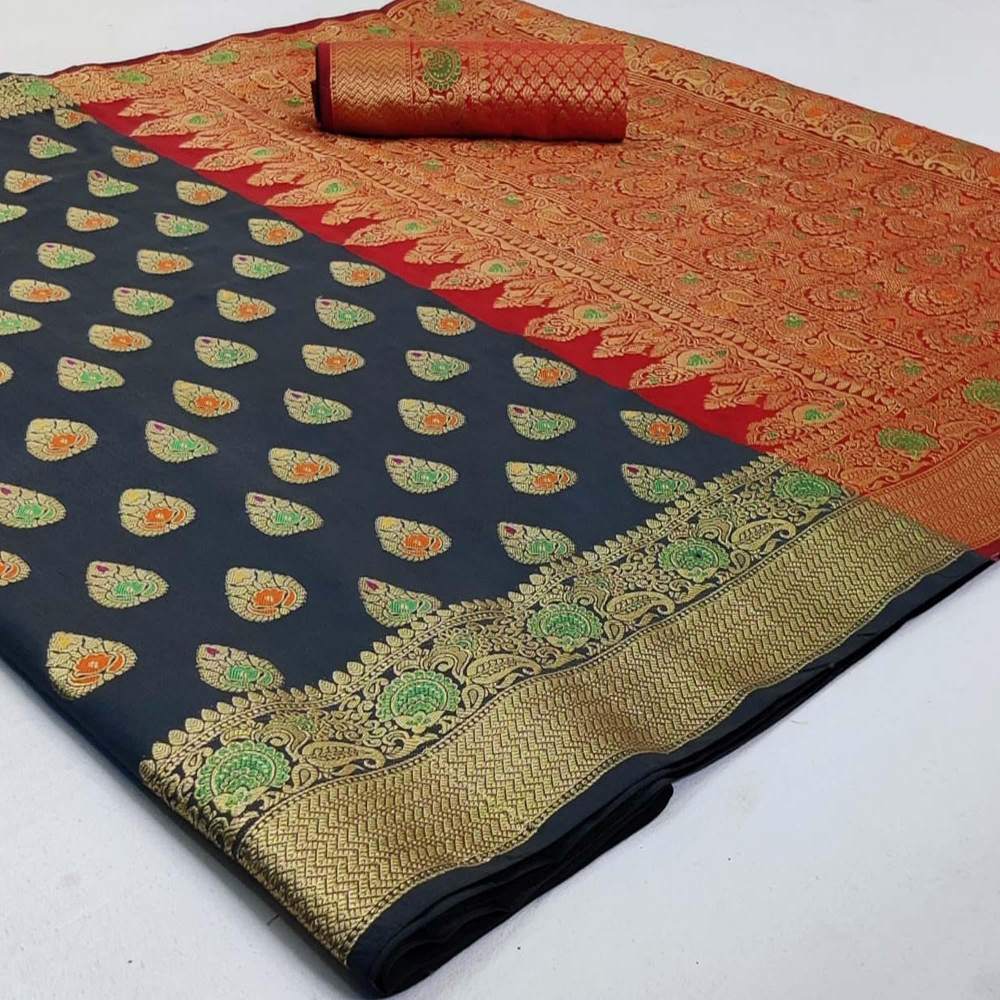 Peachmode Entrancing Grey Colored Festive Wear Woven Silk Saree