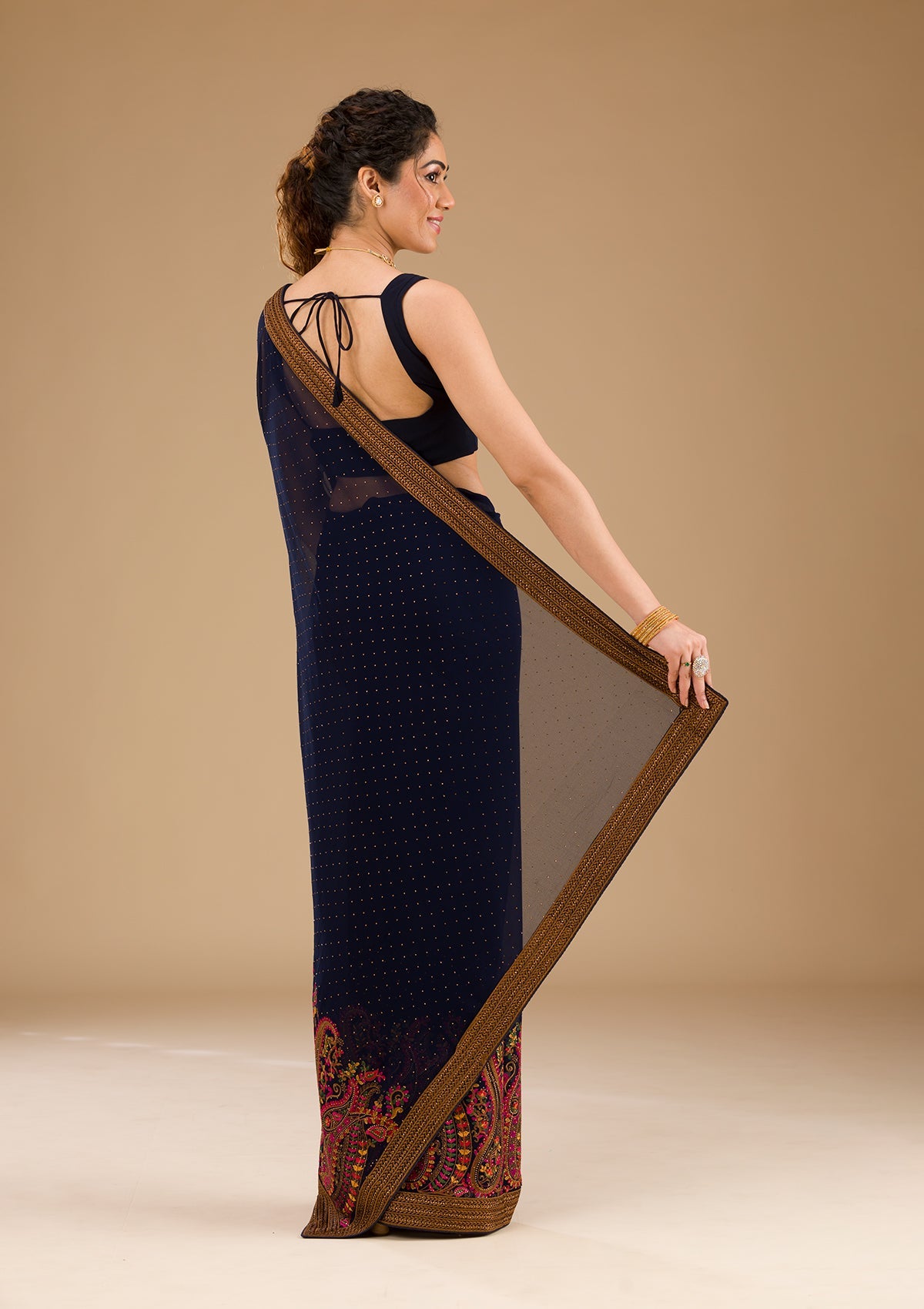 Koskii Navy Blue Threadwork Georgette Saree – Women's - view 2