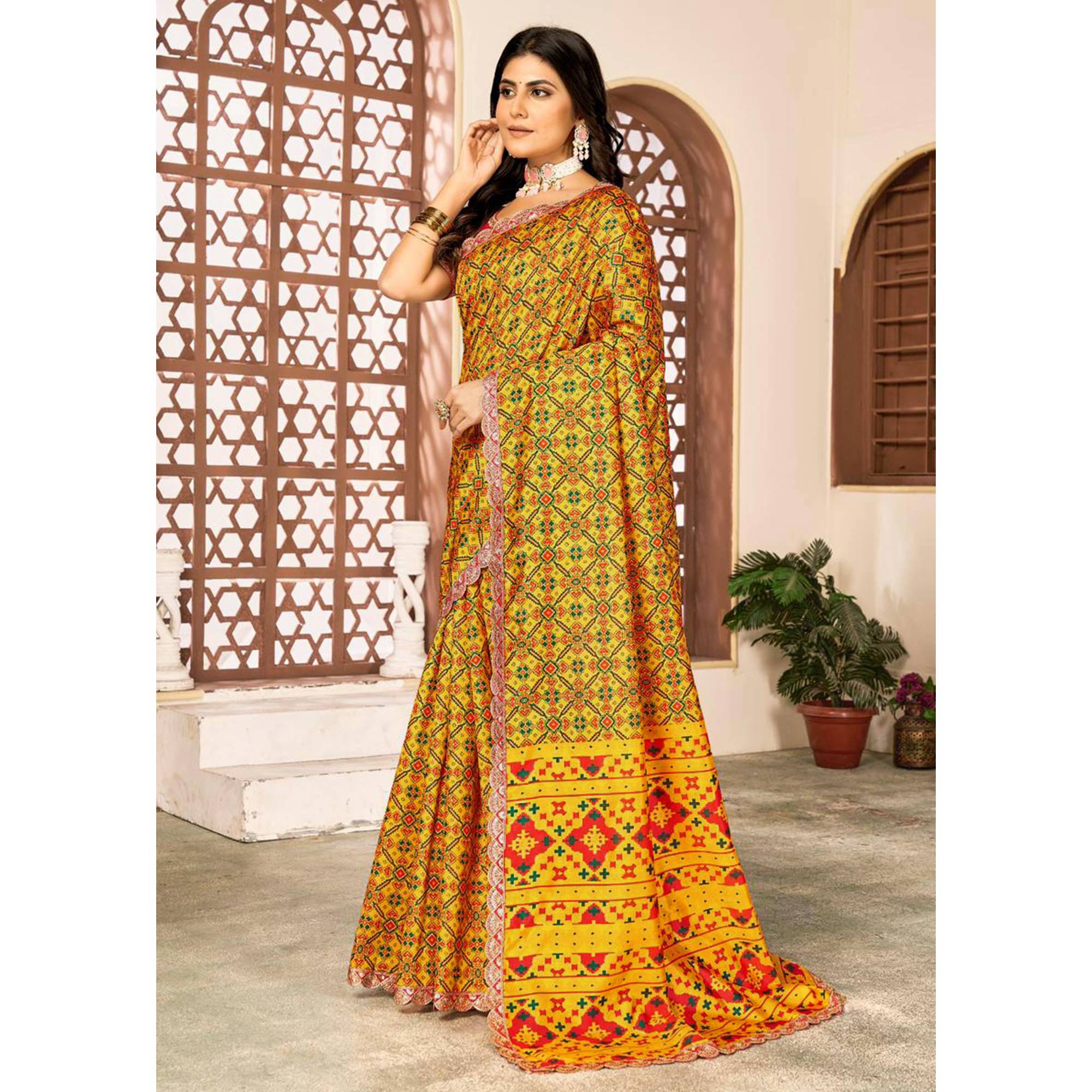 Peachmode Mustard Printed Patola Tussar Silk Saree - view 5