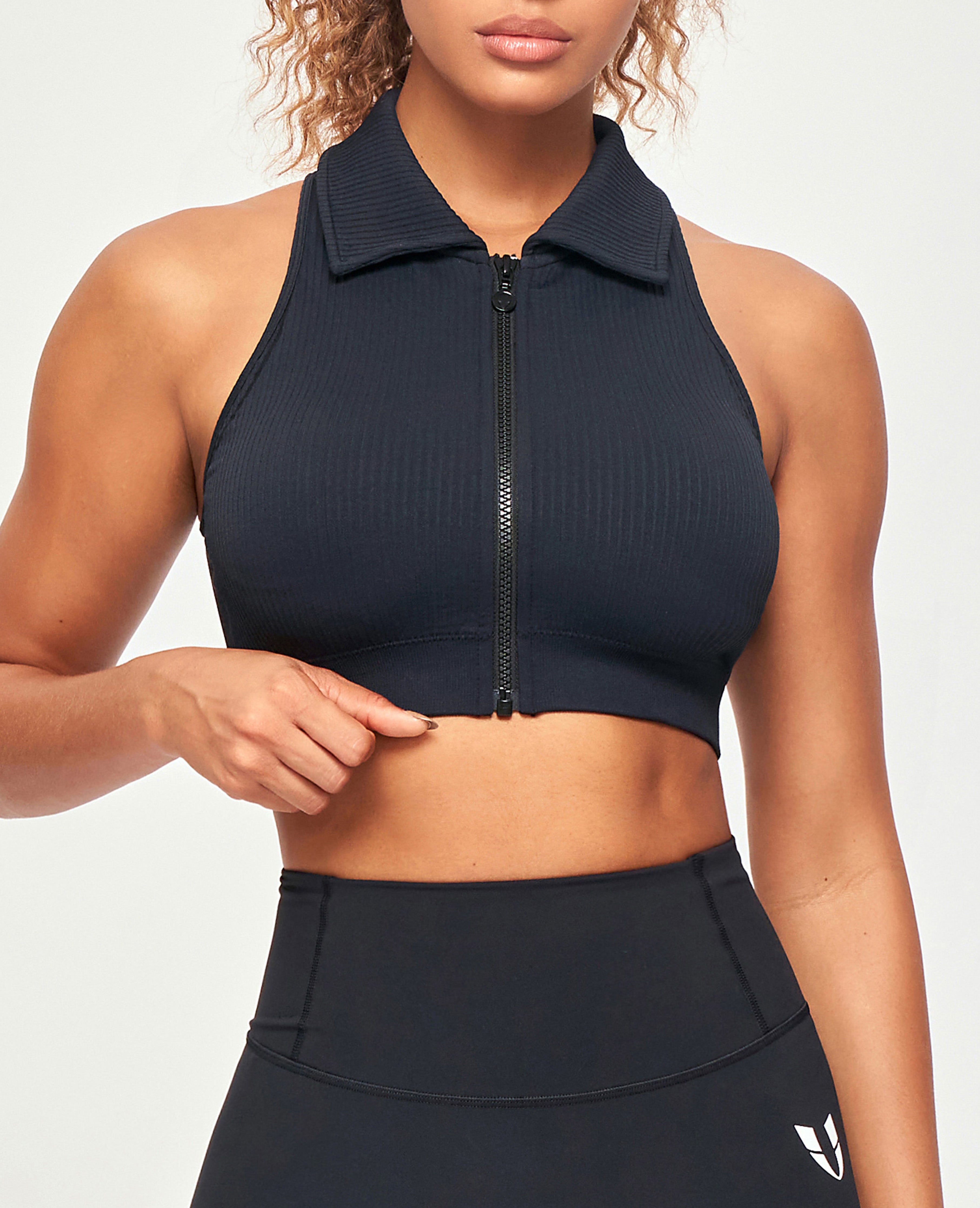 FIRM ABS Ribbed Full Zip Padded Tank Top - Black