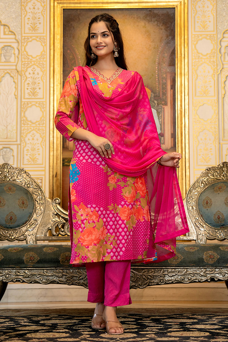 Ahika Pink Silk Blend Floral Printed Straight Suit Set With Trouser Bottom PKSKD2703 - view 5