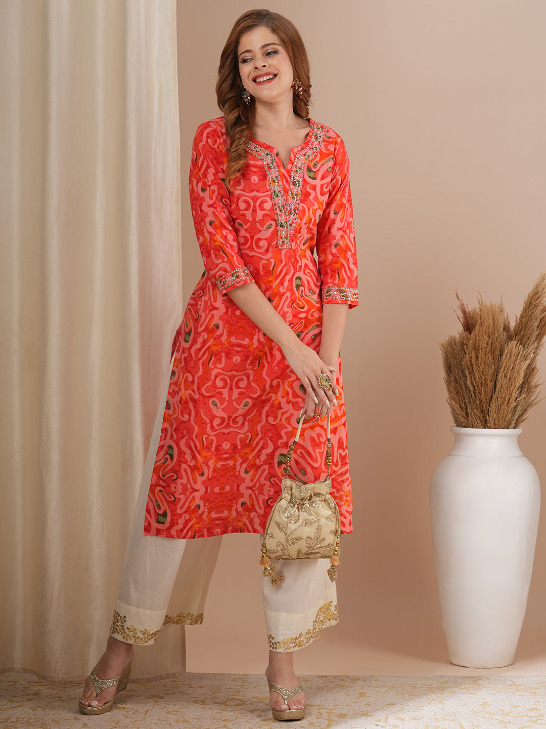 FASHOR Abstract Printed & Zari Embroidered Straight Fit Kurta - Pink